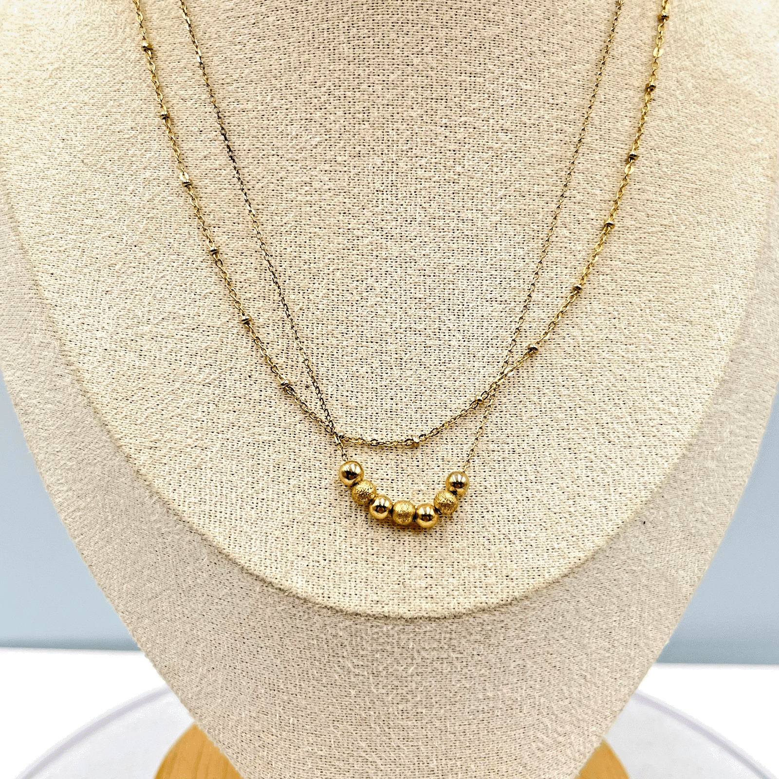 Vintage Gold Tone Double Layer Necklace Sandblast Textured Bead Satellite Chain