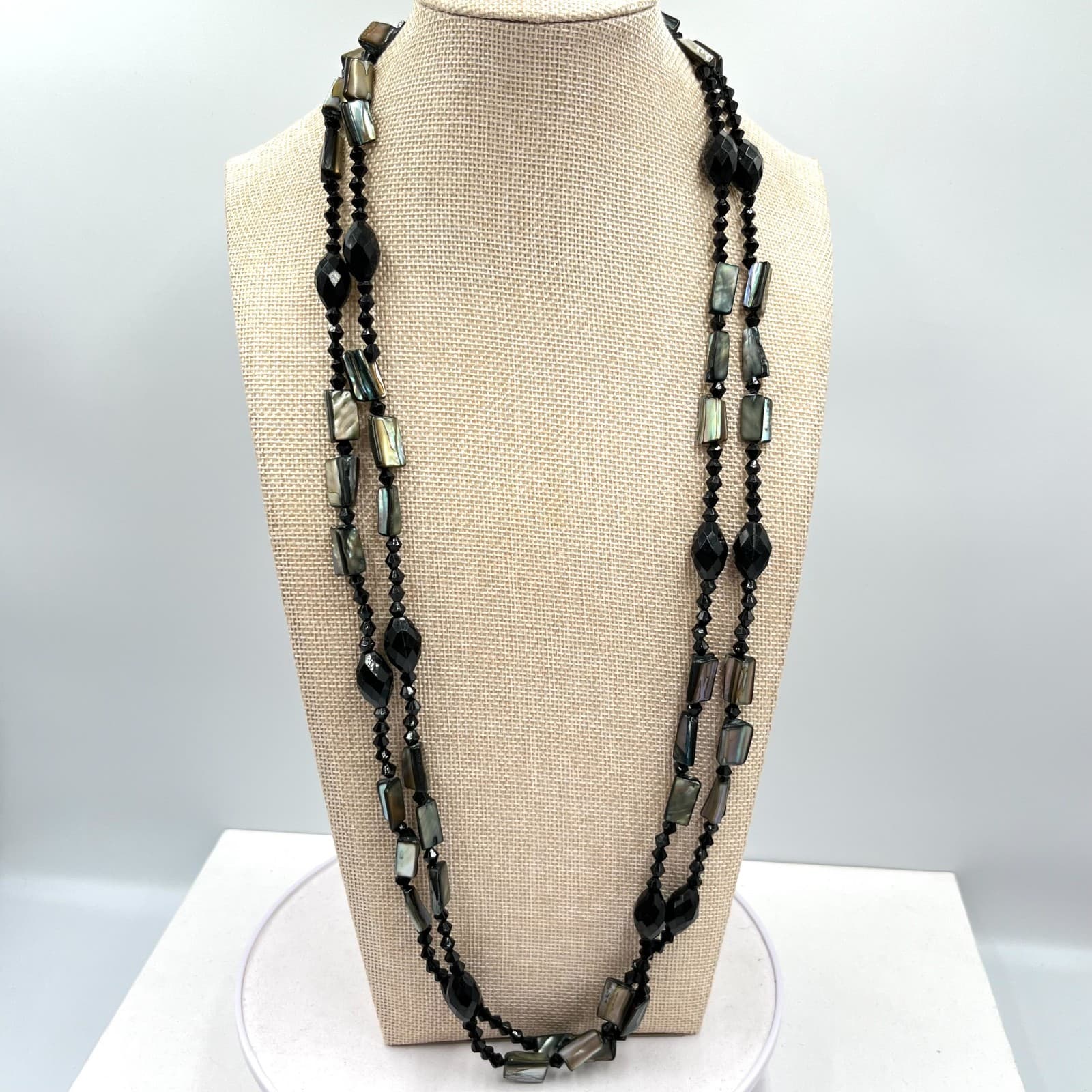 Vintage Y2K Black Bead & Iridescent Shell Long Layering Necklace Retro Boho