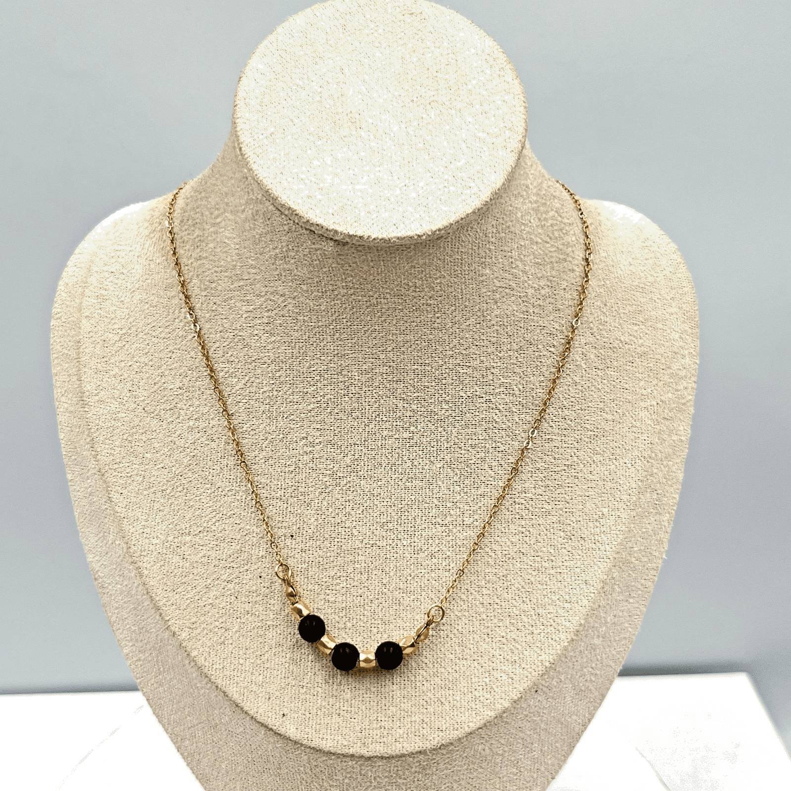 Vintage Retro Gold Tone Chain Necklace with Black Matte Beads & Gold Accents