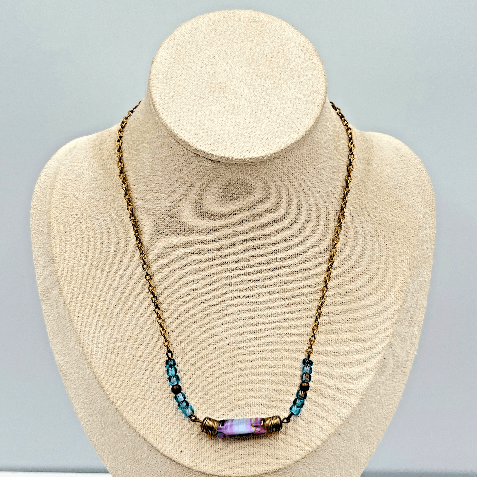 Vintage Boho Purple Slag Glass Tube Necklace - Blue Beaded Brass Tone Chain 18"