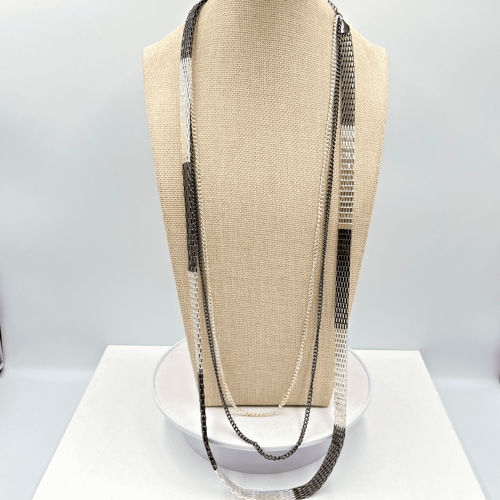 VTG NWT Layered Mesh & Curb Chain Long Layering Necklace Gunmetal Silver Tone