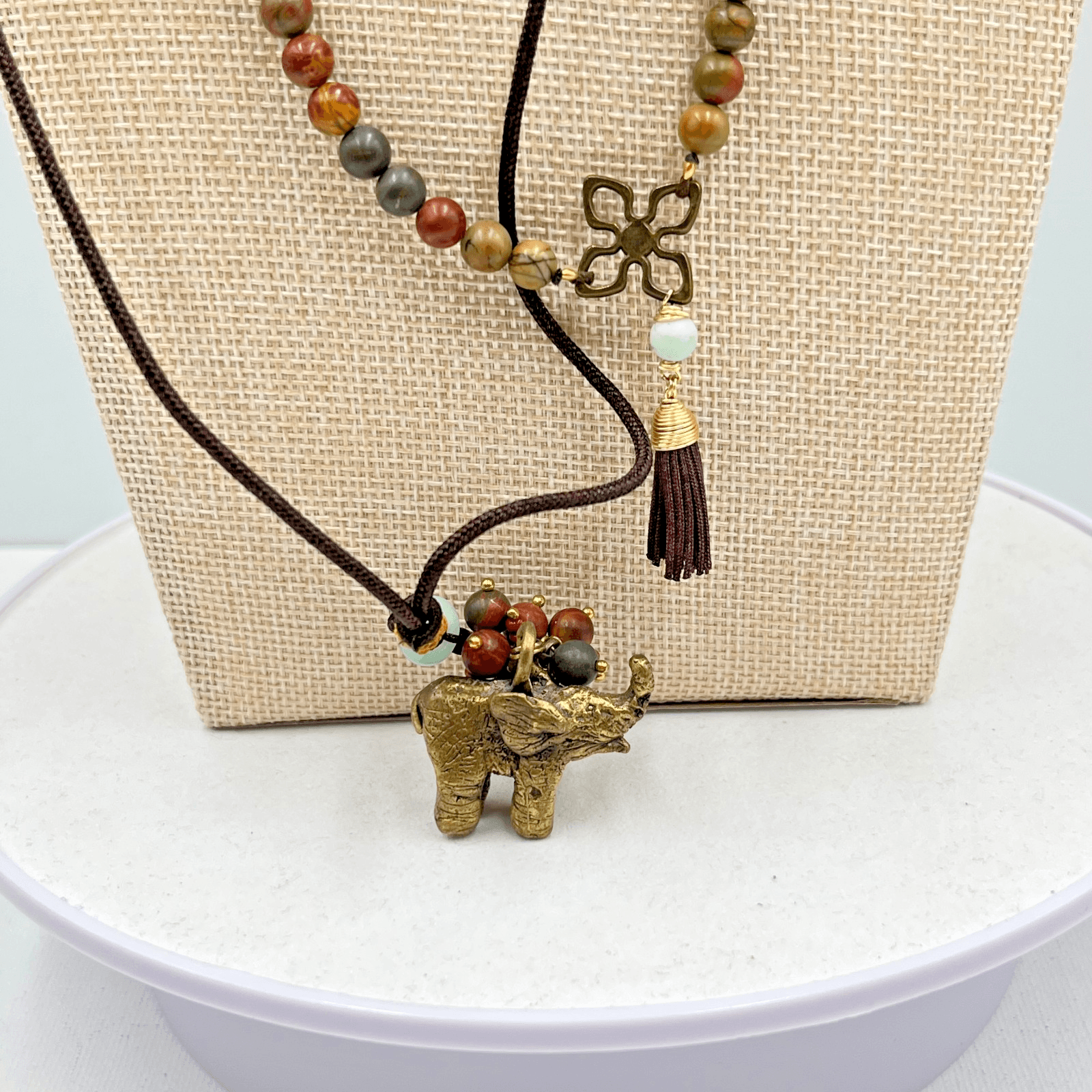 Vintage Boho Elephant Tassel Statement Necklace Mixed Stone Beaded Velvet Ribbon