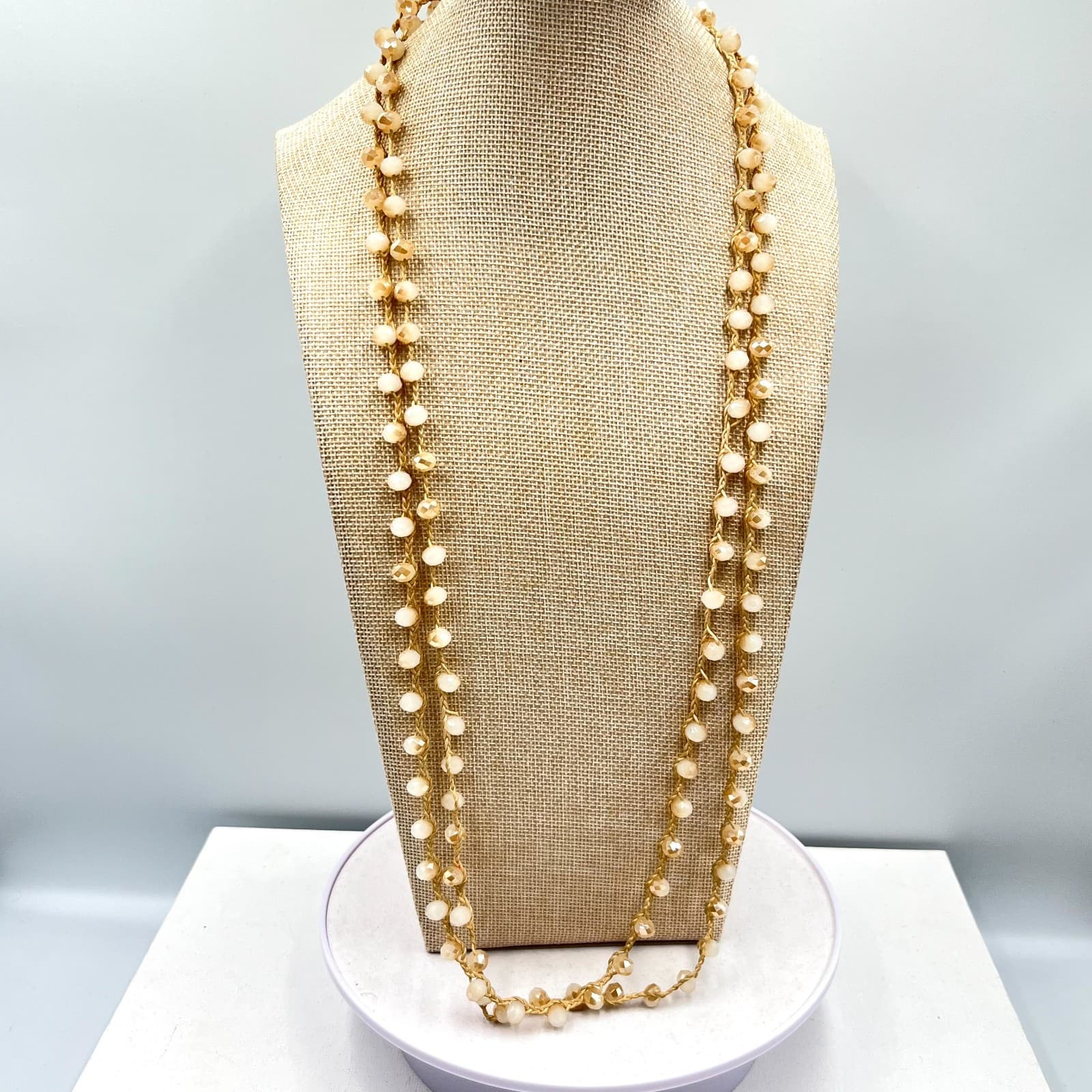 Vintage Champagne Crystal Crochet Silk Cord Necklace Boho Long Layering Wrap