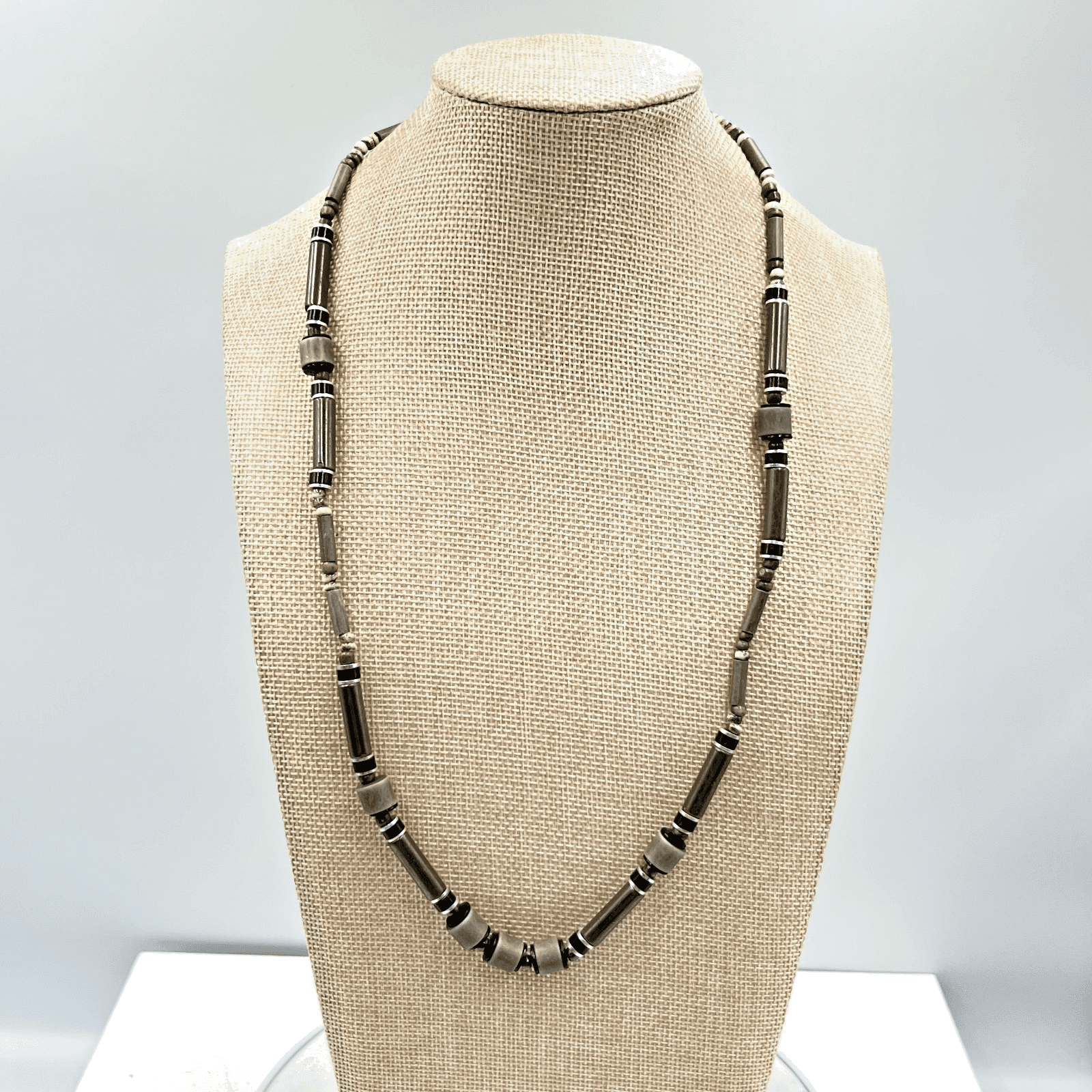 Vintage Retro Earthy Grey Stone & Wood Tube Bead Necklace Boho Tribal Style