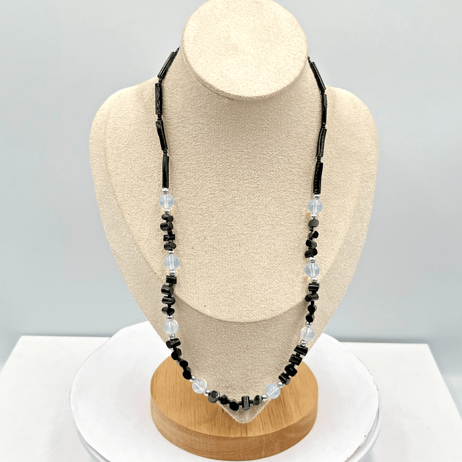 Vintage Retro Black Onyx & Opalite Beaded Necklace - 22" Boho Chic Strand Barrel