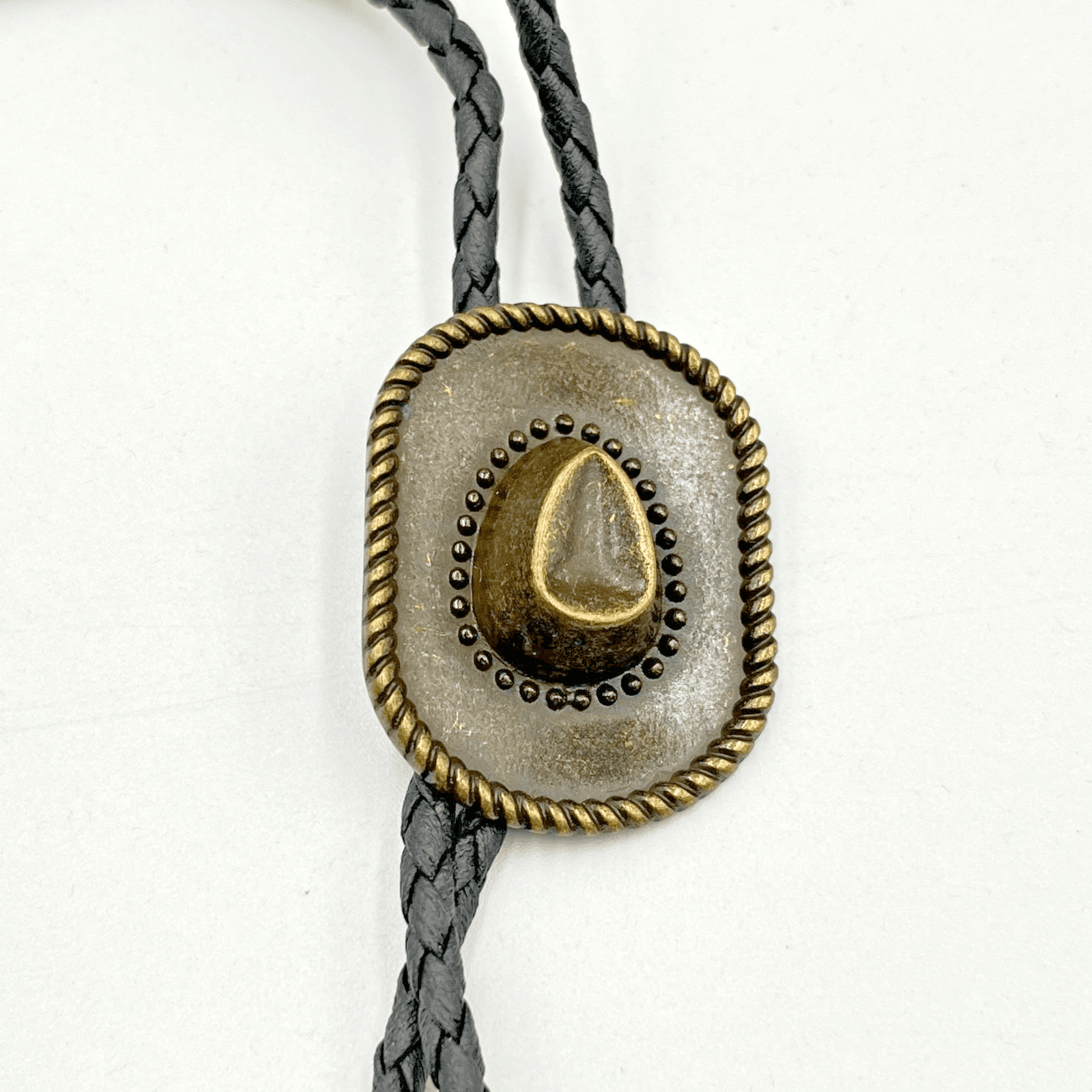 VTG Bronze Tone Cowboy Hat Bolo Tie Western Braided Black Leather Southwestern