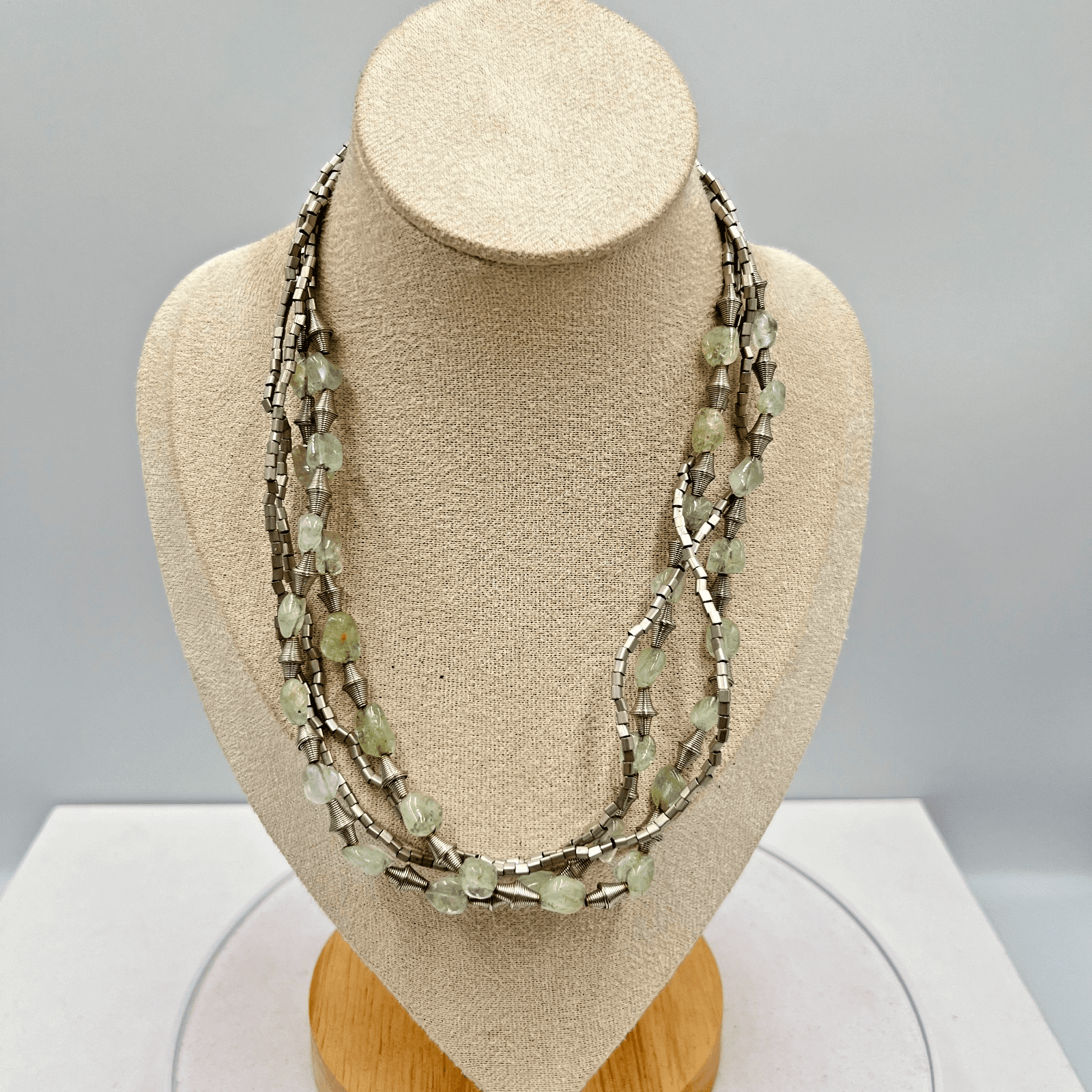 Vintage Boho Multi-Strand Silver Tone Necklace Pale Green Stone Raw Nuggets