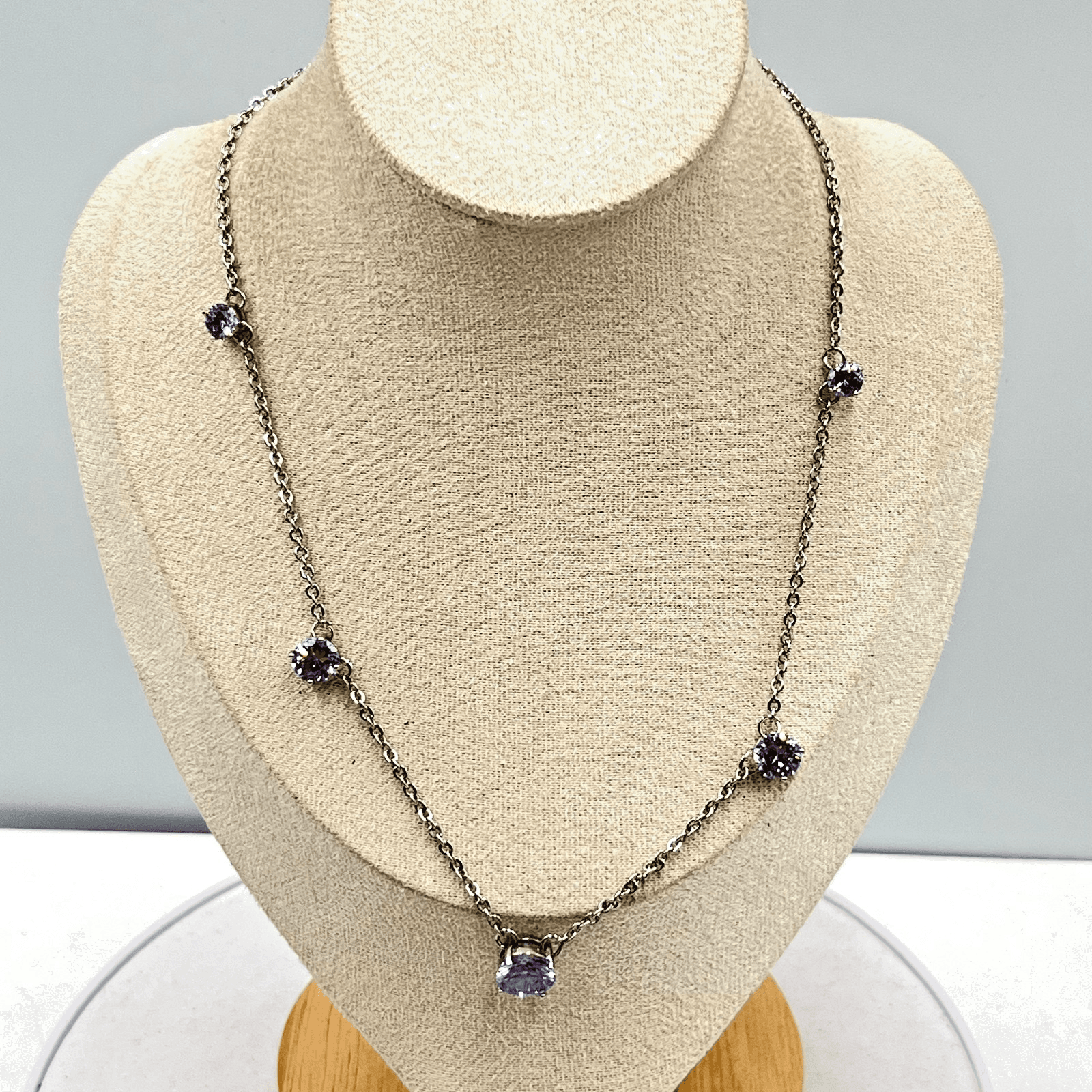 Vintage Charming Charlie Silver Tone Lavender CZ Station Necklace Retro Y2K Glam