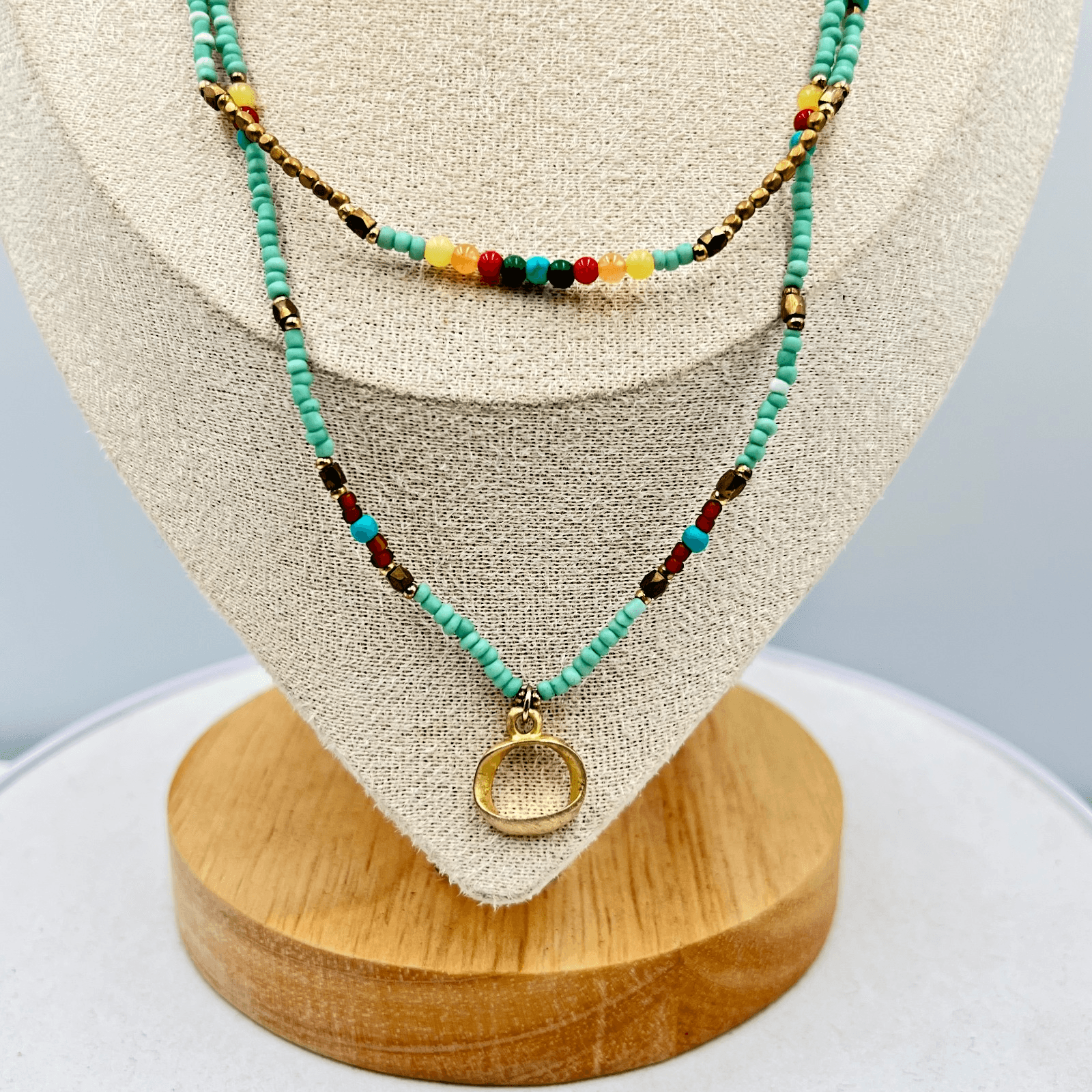 VTG Nakamol Multi-Strand Seed Bead Necklace Aqua Gold Tone Hammered Ring Pendant