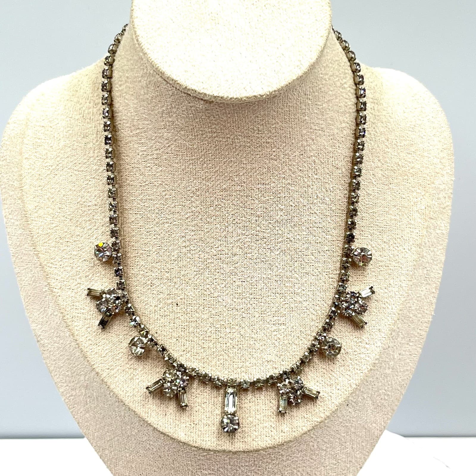 Vintage Mid-Century Crystal Fringe Choker Necklace Silver Tone Art Deco Style