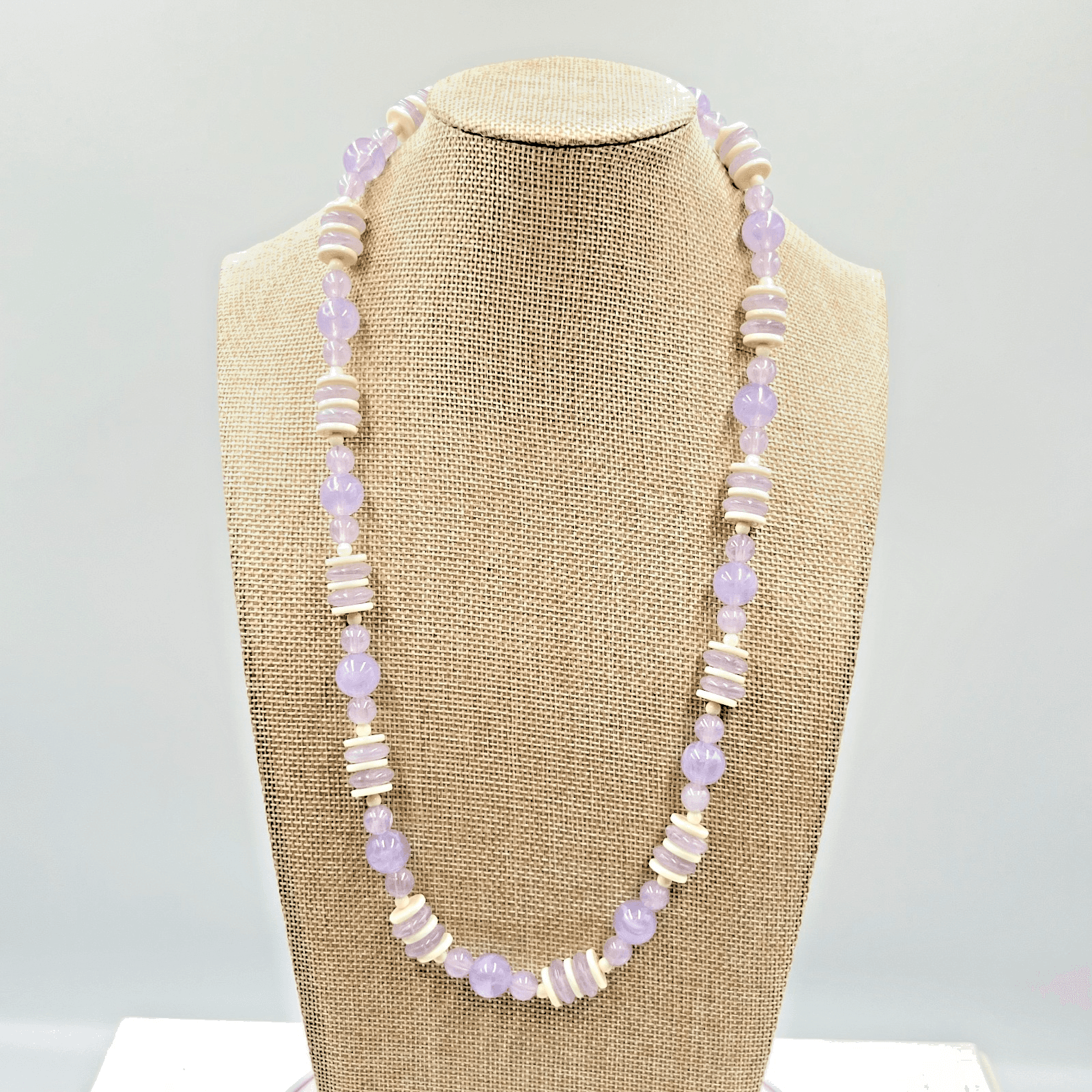 Vintage Retro Lavender Purple Glass & Cream Resin Beaded Strand Necklace 24"