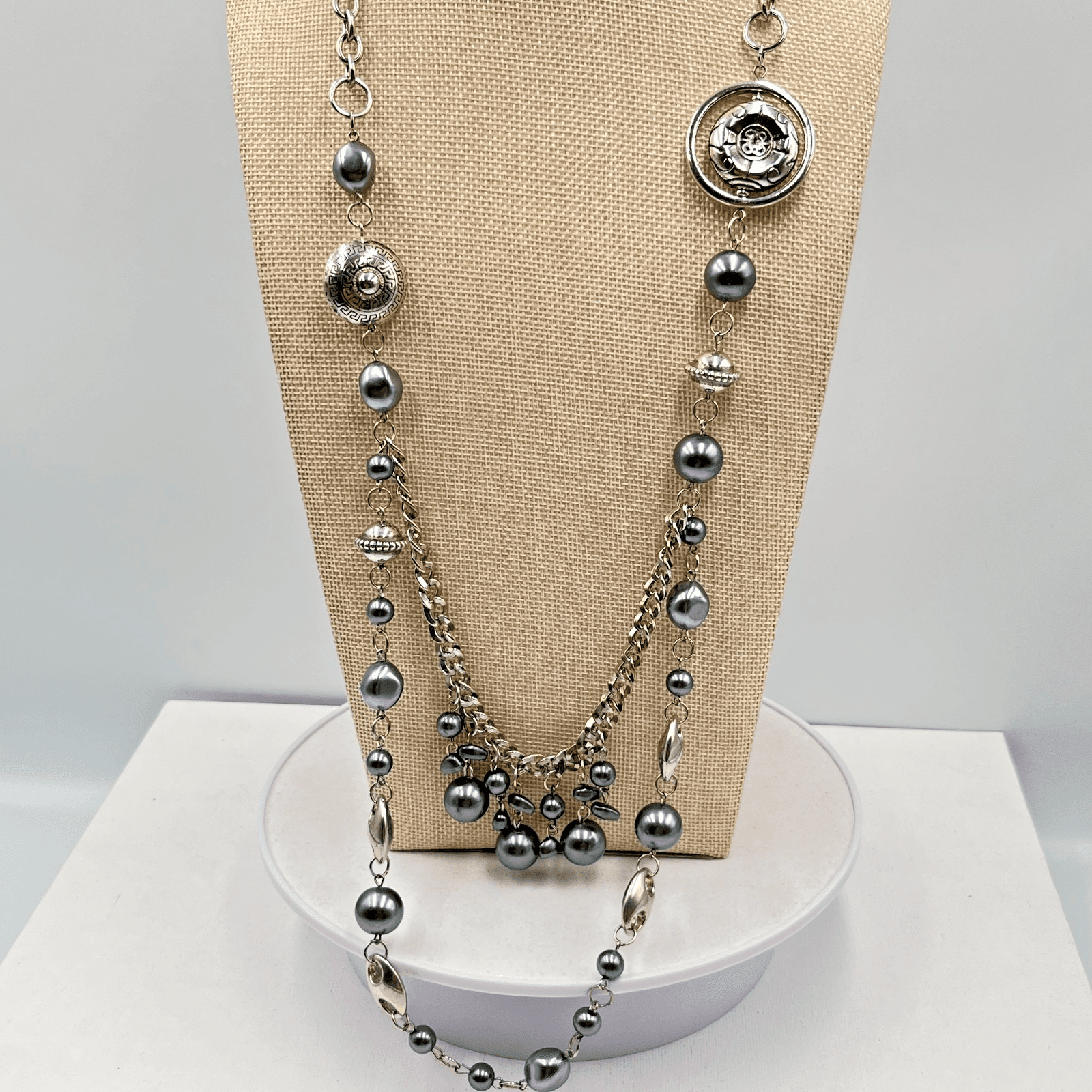 Vintage Greek Key Medallion Multi-Strand Necklace Faux Pearl Silver Tone Retro
