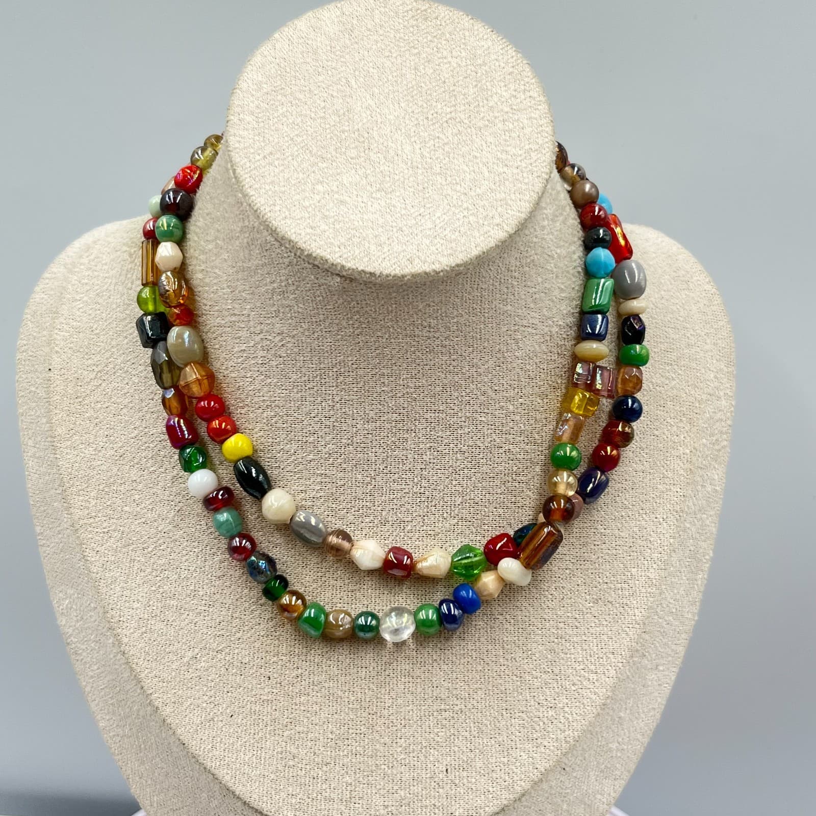 Vintage Boho Multi-Color Glass Bead Strand Necklace Eclectic Artsy Retro Style