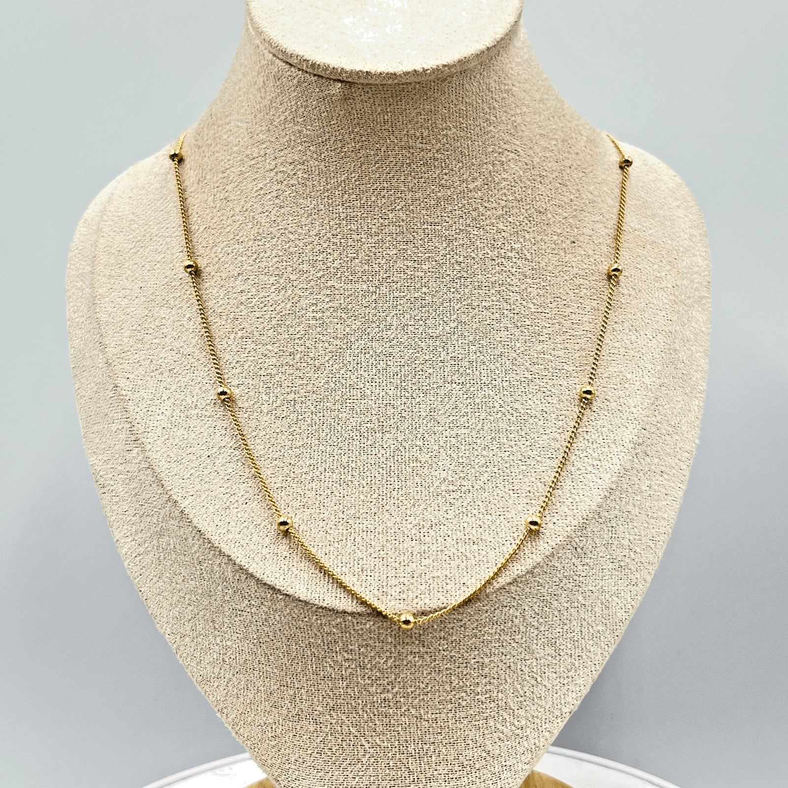 VTG Gold Tone Beaded Station Necklace Minimalist Dainty Curb Link 24" Fashion