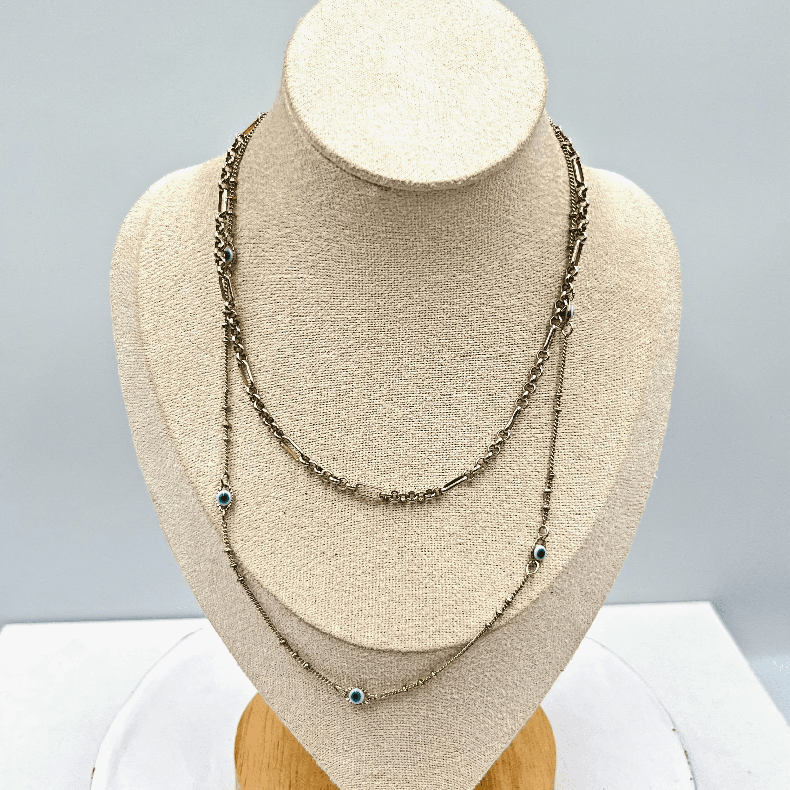 VTG Gold Layered Evil Eye Necklace Set Protection Amulet Figaro & Station Chain