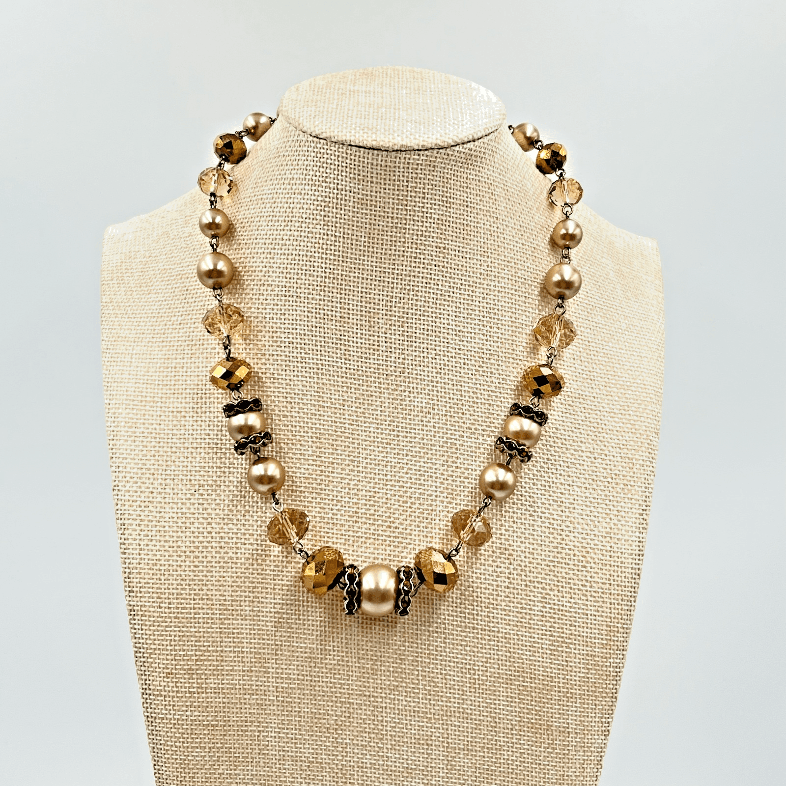Vintage Liz Claiborne Gold Toner Pearl & Amber Crystal Statement Necklace, Retro