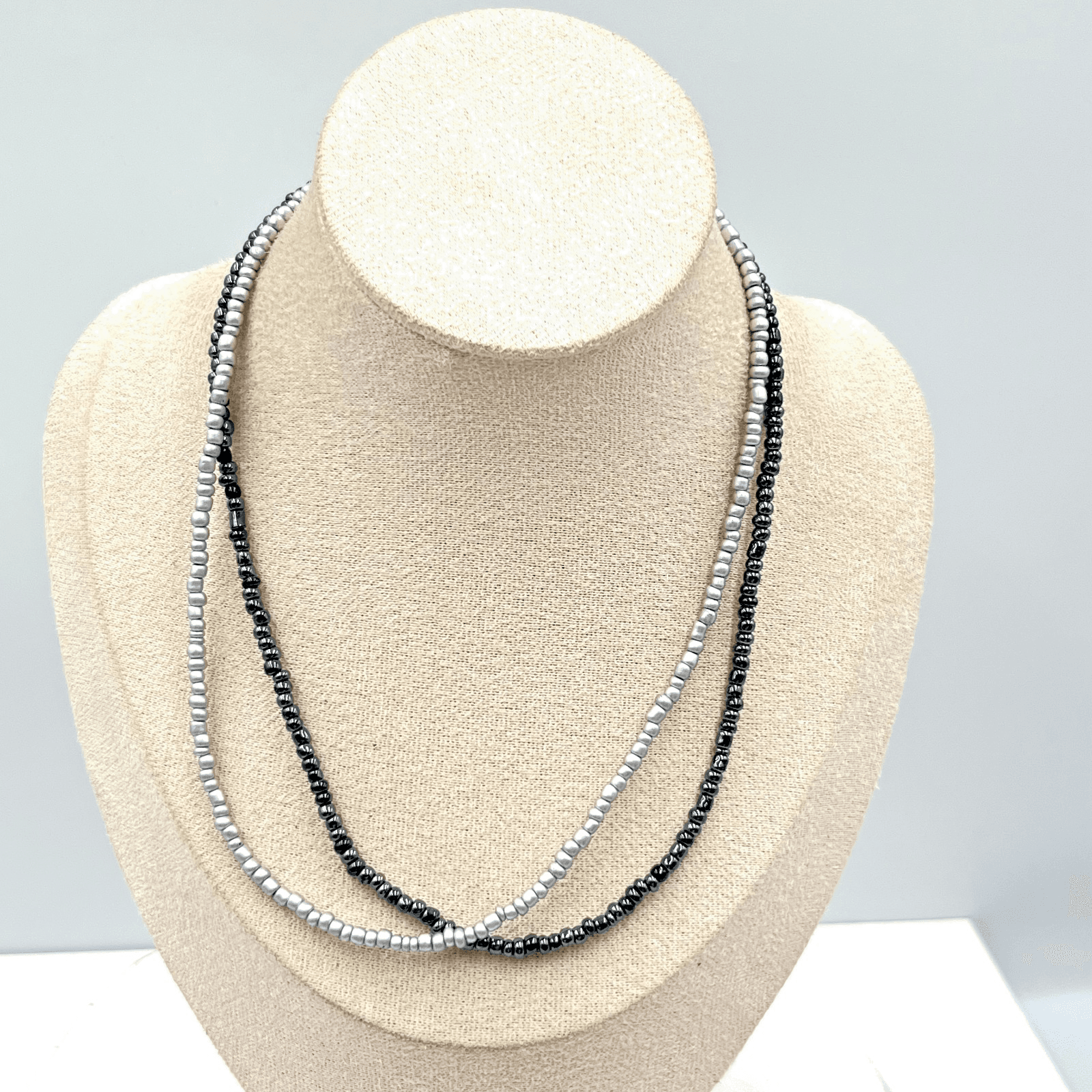 Y2K Retro Seed Bead Choker Set Metallic Silver & Gunmetal Black Duo Necklace 2pc