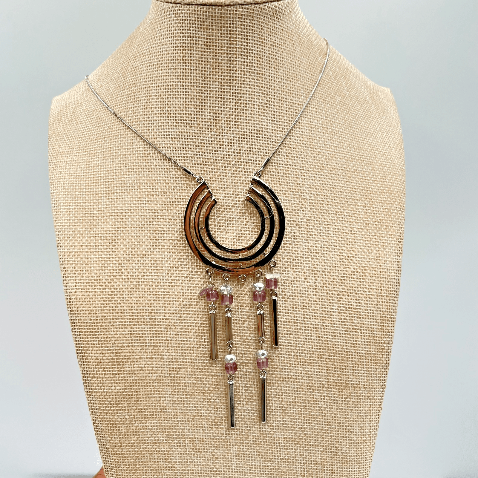 Vintage Modernist Silver Tone Geometric Crescent Tassel Necklace Purple Bead Y2K
