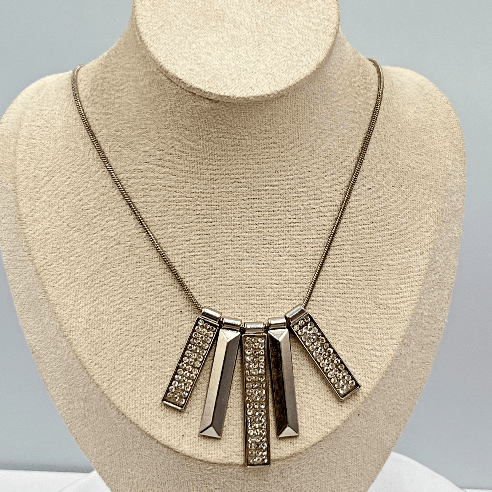 VTG Modernist Geometric Silver Tone Bar Fringe Necklace Rhinestone Accents Y2K