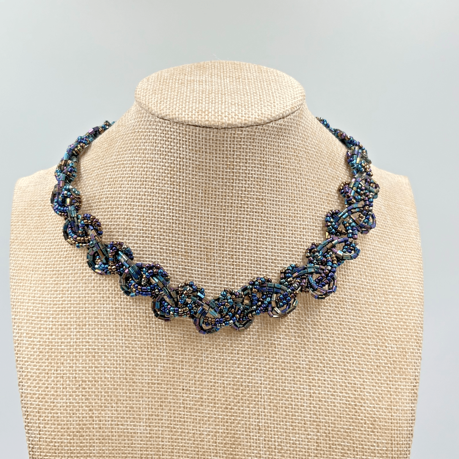 Vintage Iridescent Oil Slick Seed Bead Woven Statement Necklace Retro Boho