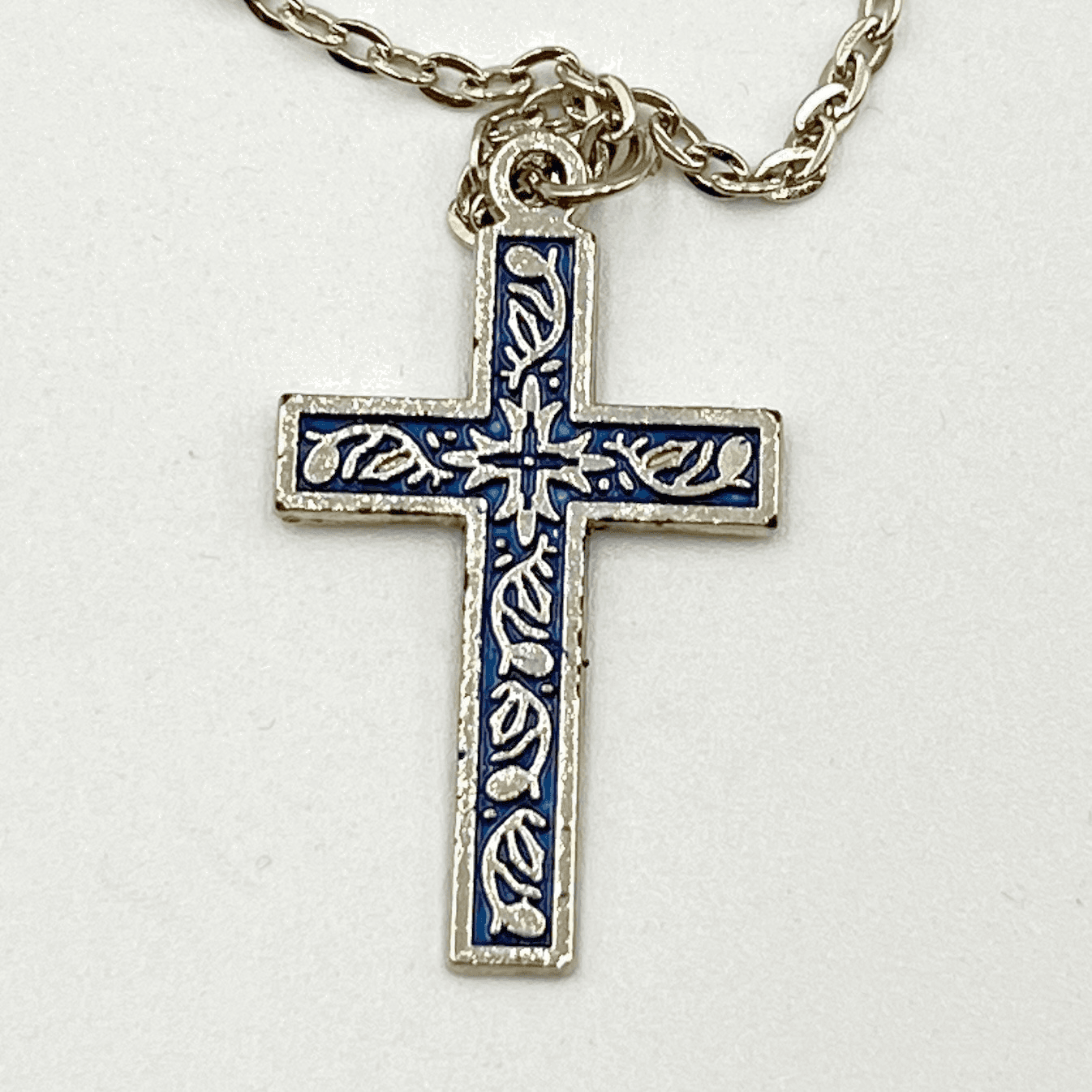 Vintage Blue Enamel Silver Tone Cross Pendant Necklace Religious Spiritual Boho