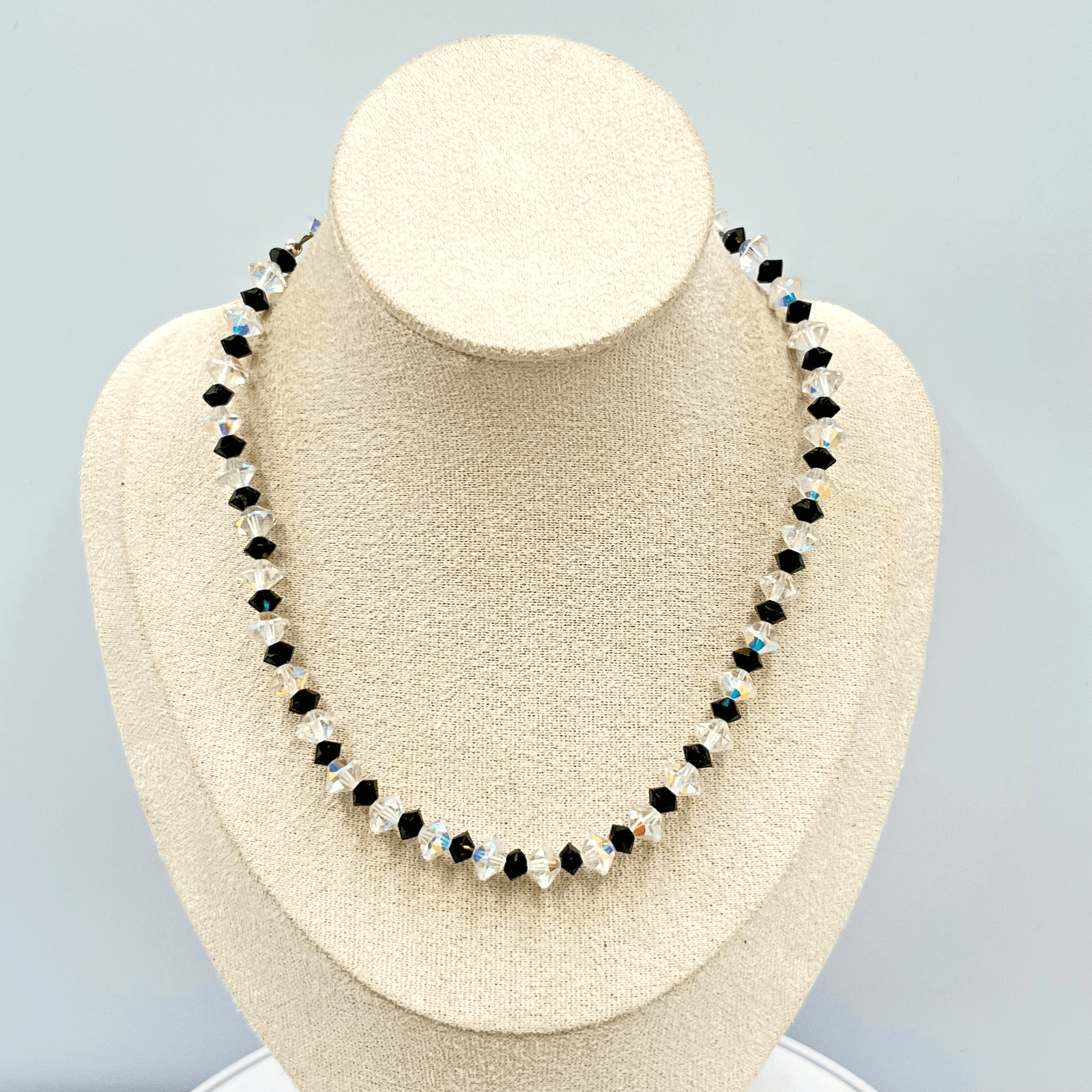 Vintage Aurora Borealis AB & Black Crystal Bicone Bead Necklace Retro Goth Glam