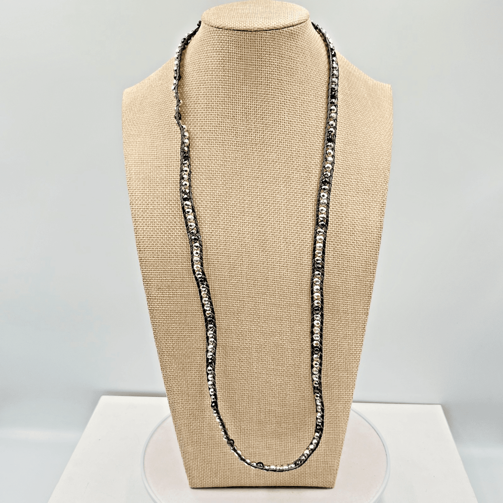 Vintage Boho Silver Mixed Bead Brown Leather Wrap Necklace Bracelet Adjustable