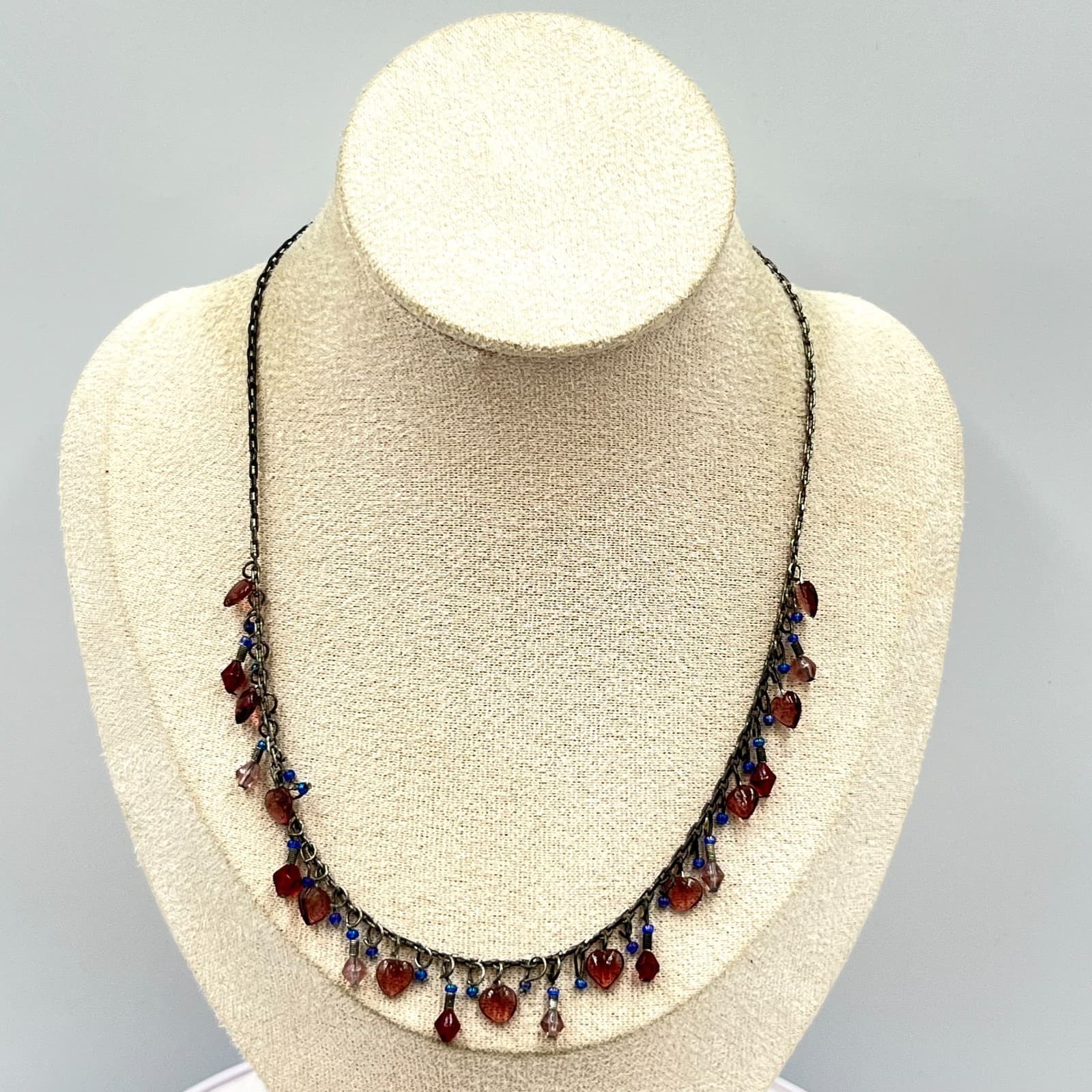 Vintage Retro Gunmetal Heart Charm Dangle Necklace Purple Red Blue Beaded Y2K