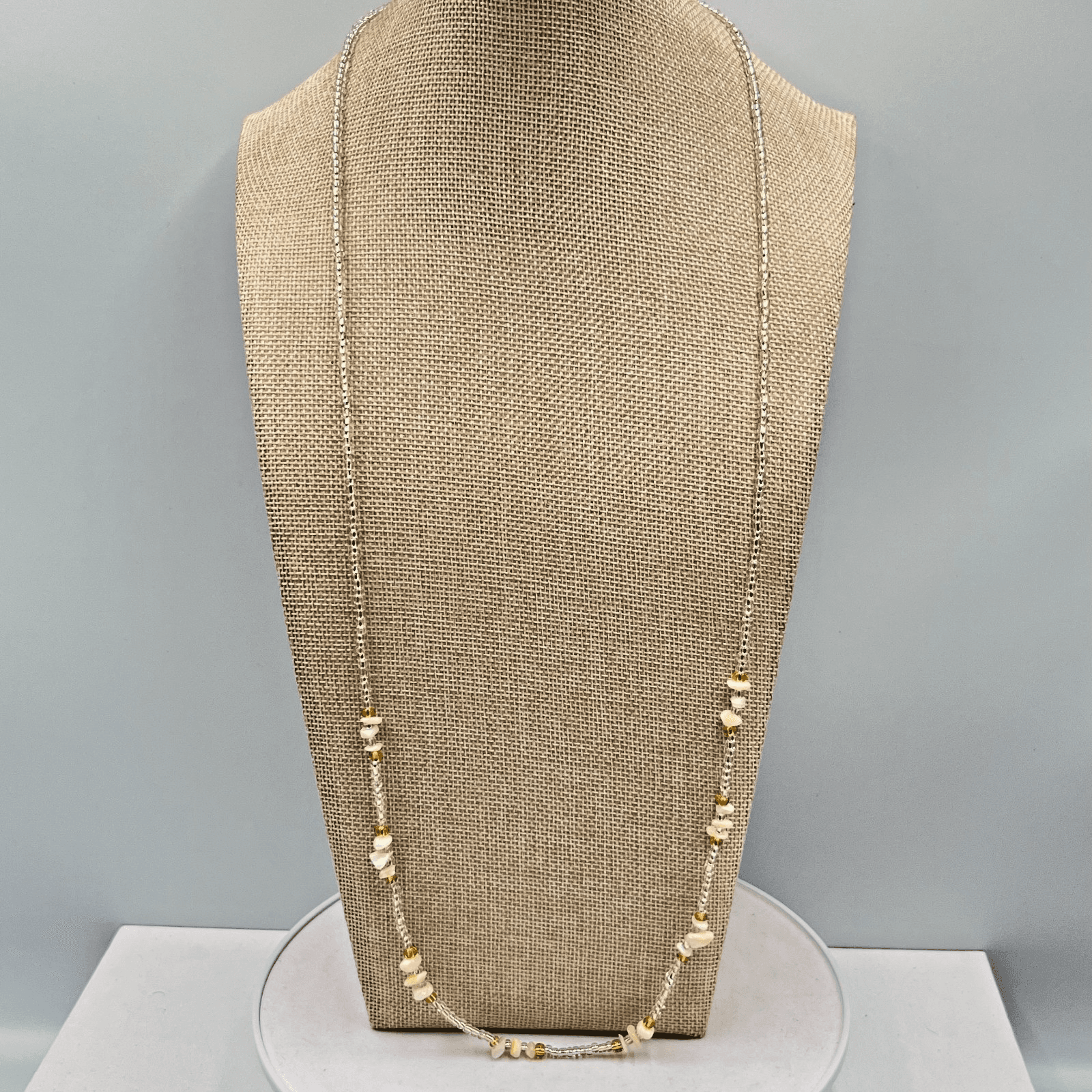 Vintage Earthy Seed Bead & Shell Chip Necklace Cream Amber Tone Boho Strand