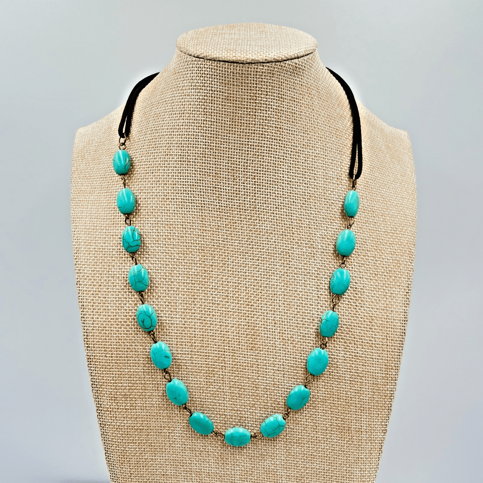 Vintage Boho Faux Turquoise Bead Necklace Retro Bronze Tone Corded Adjustable