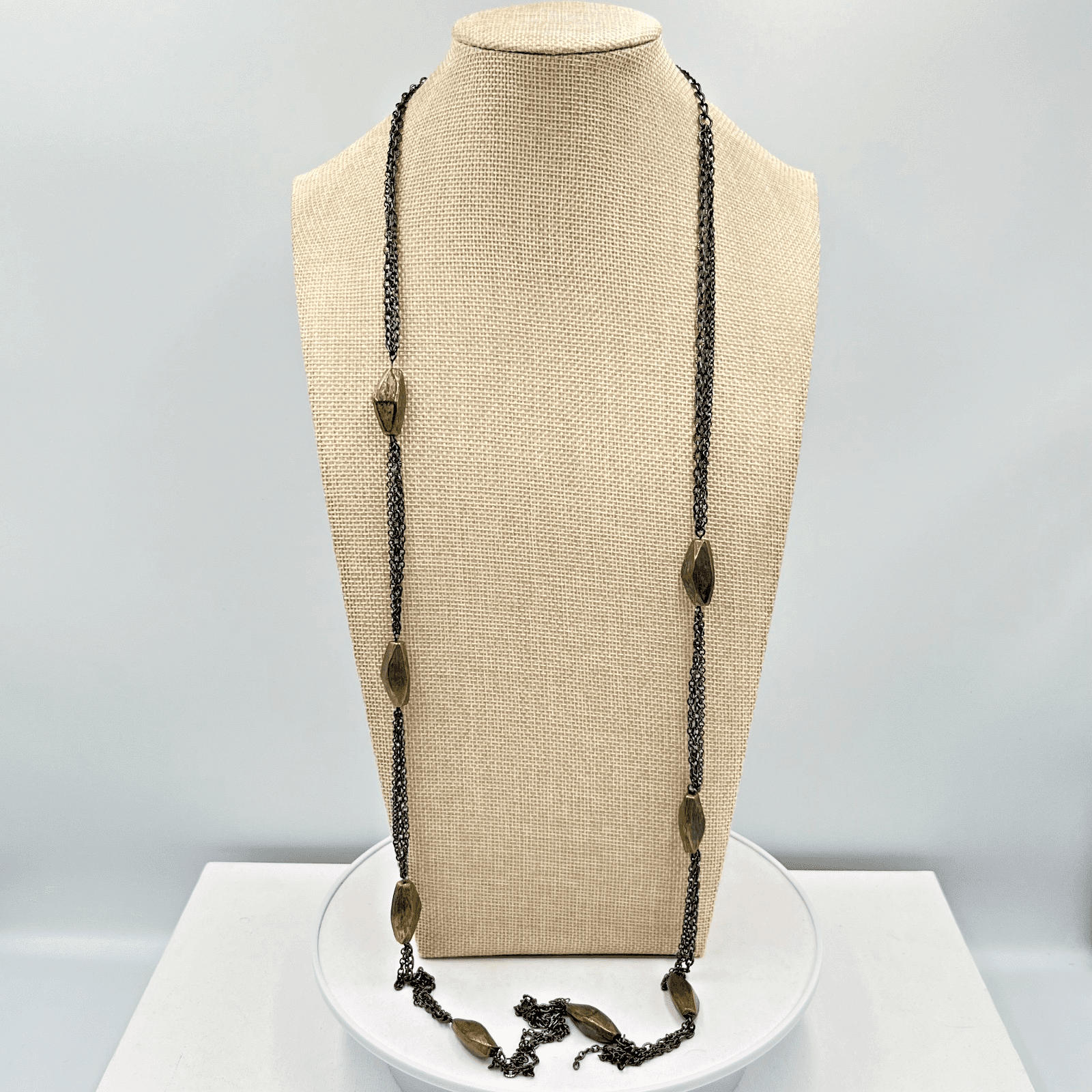 VTG Chico's Long Gunmetal Triple Strand Necklace Bronze Textured Bead Industrial