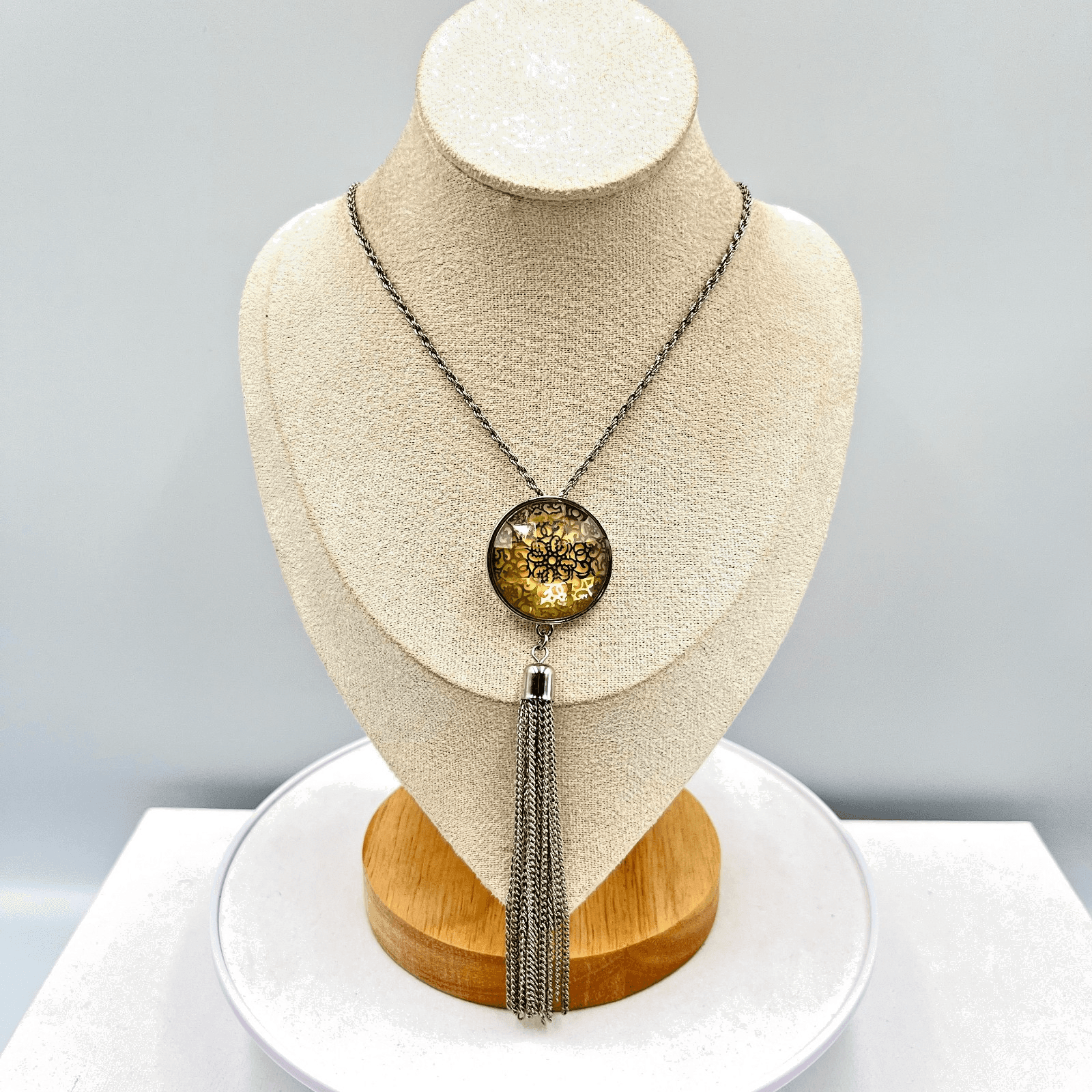 Vintage Silver Tone Long Tassel Necklace Amber Gold Tone Glass Filigree Pendant