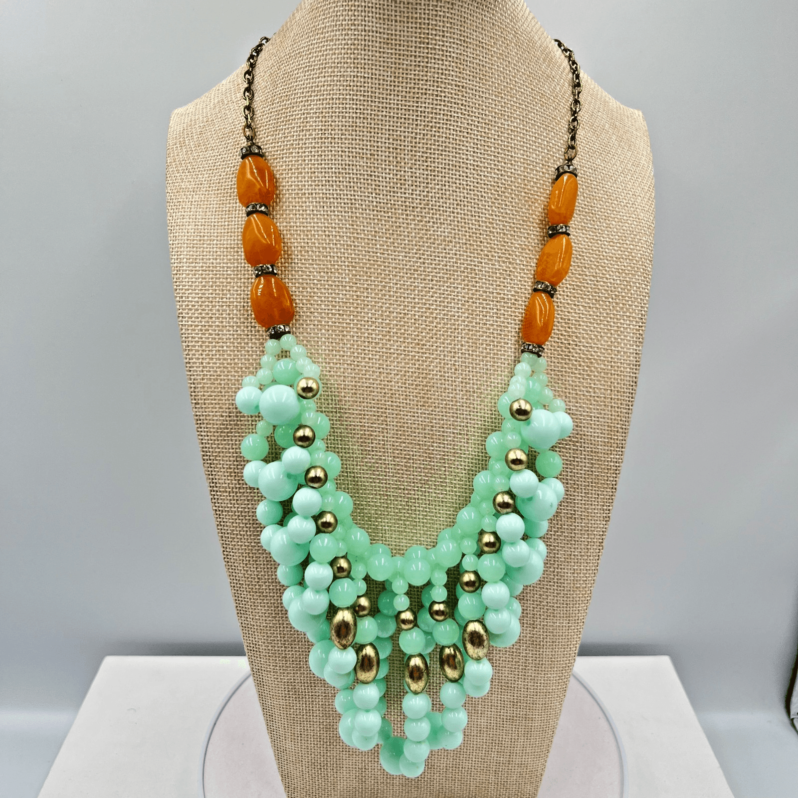 Vintage Retro Mint Green Bib Necklace Amber Tone Resin Accents Chunky Statement