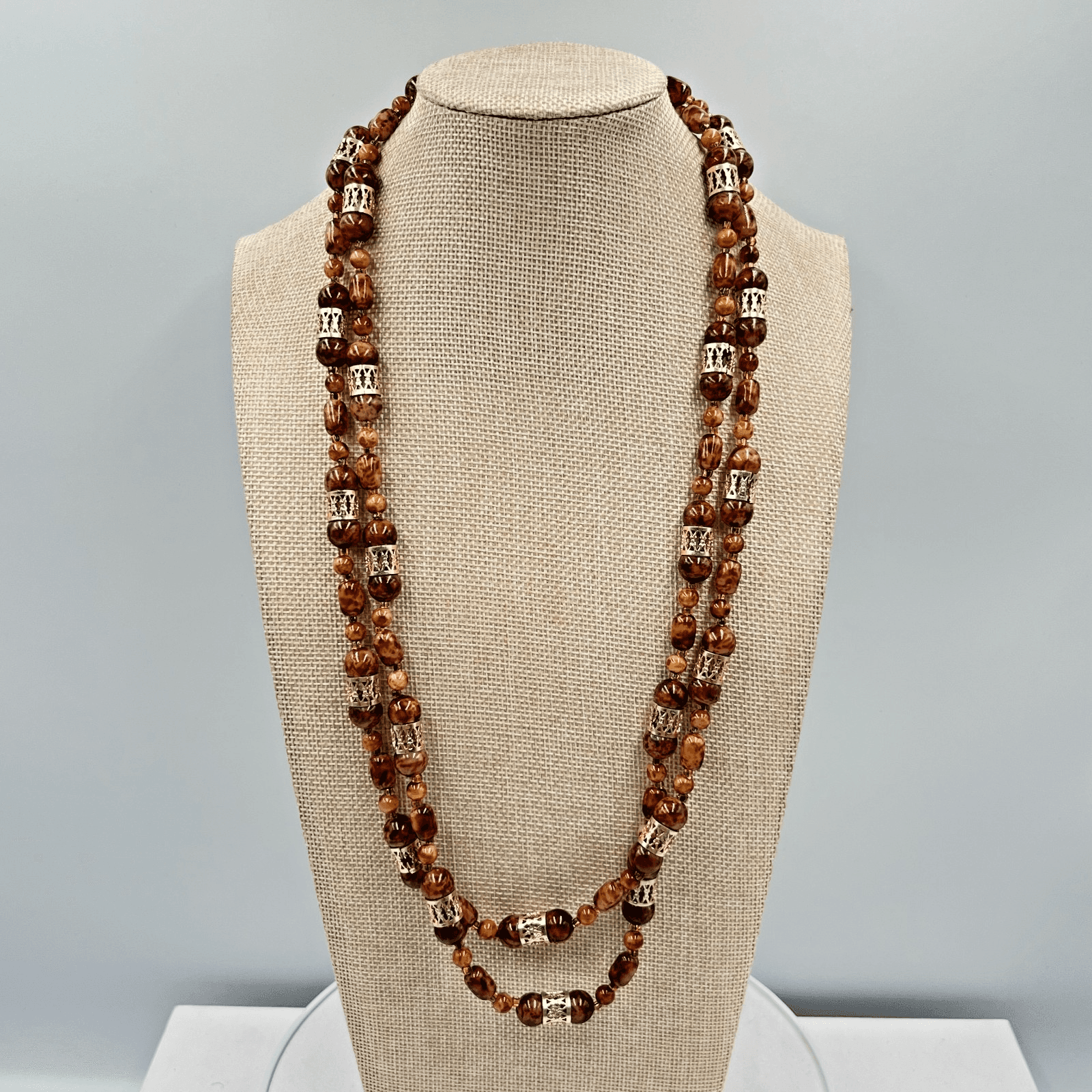 VTG Retro Faux Tortoise Shell Brown Mottled Bead Long Strand Necklace Gold Tone