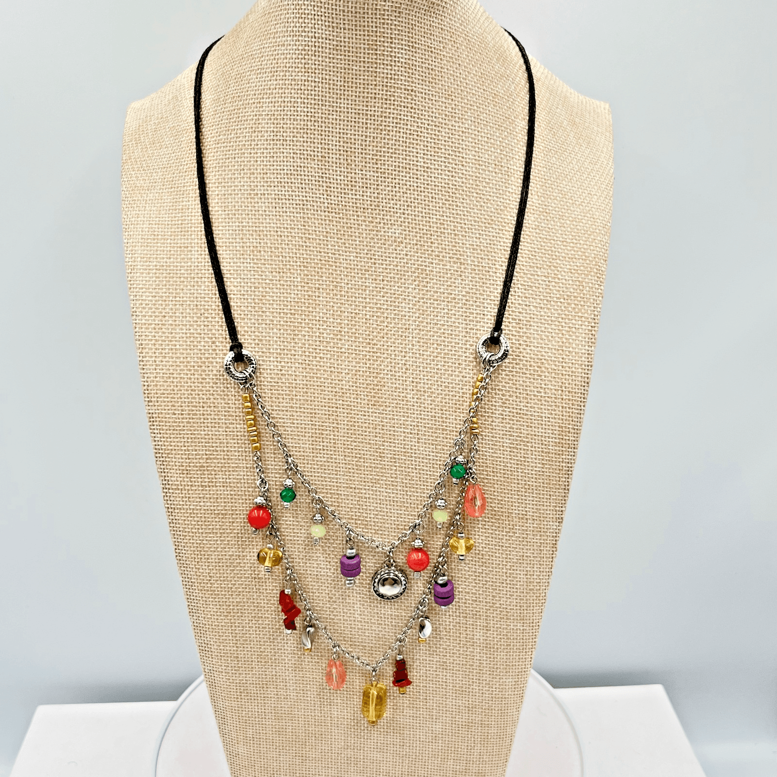 Vintage Boho Multi-Strand Charm Necklace Black Cord Mixed Beaded Silver Tone Y2K
