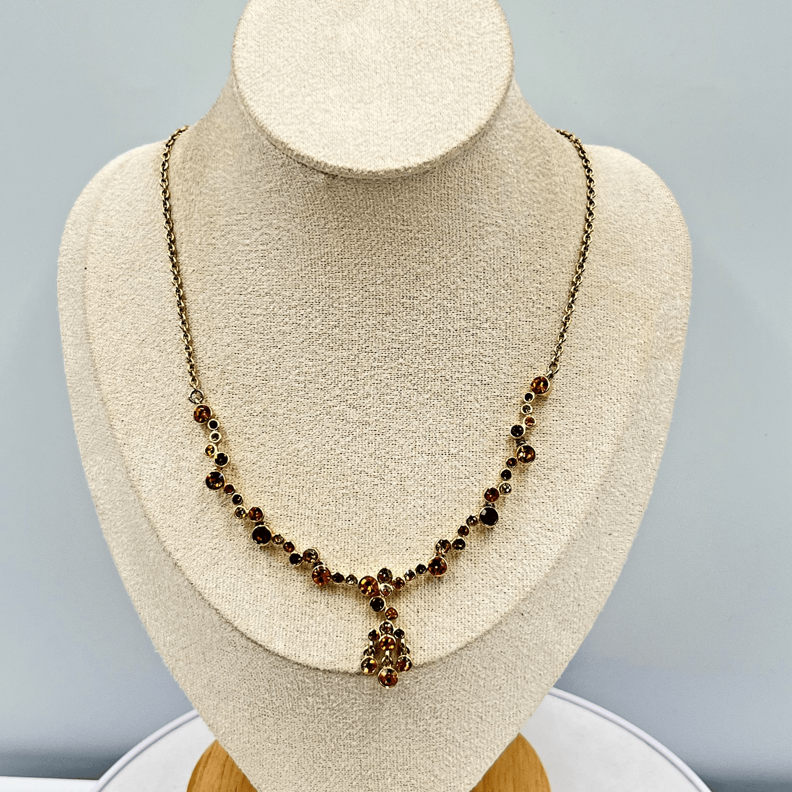 Vintage Amber Rhinestone Gold Tone Cluster Drop Necklace Elegant Retro Y2K