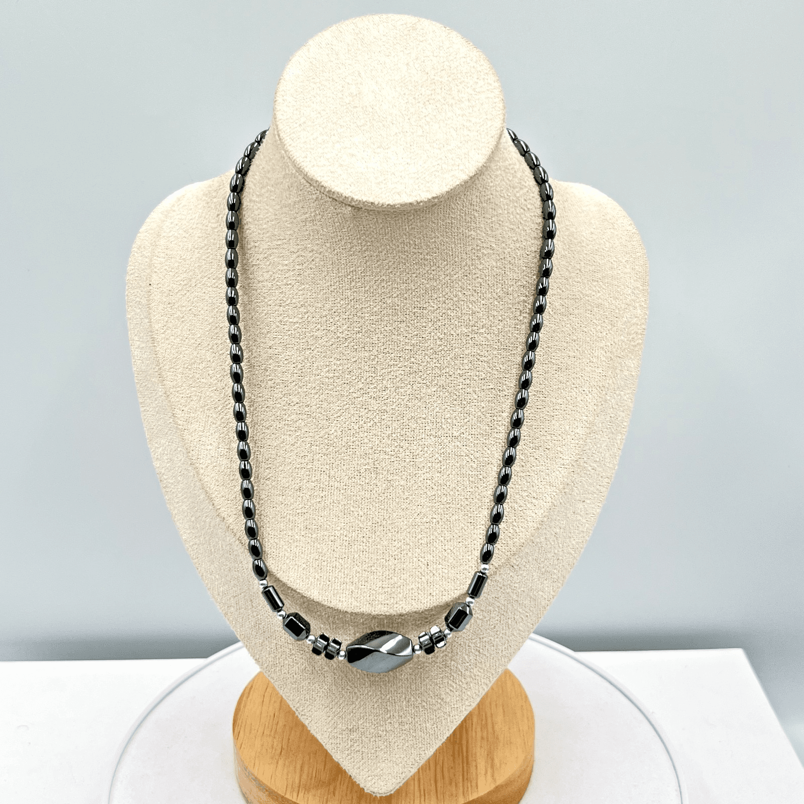 Vintage Hematite Beaded Statement Necklace Gunmetal Grey Geometric Classic