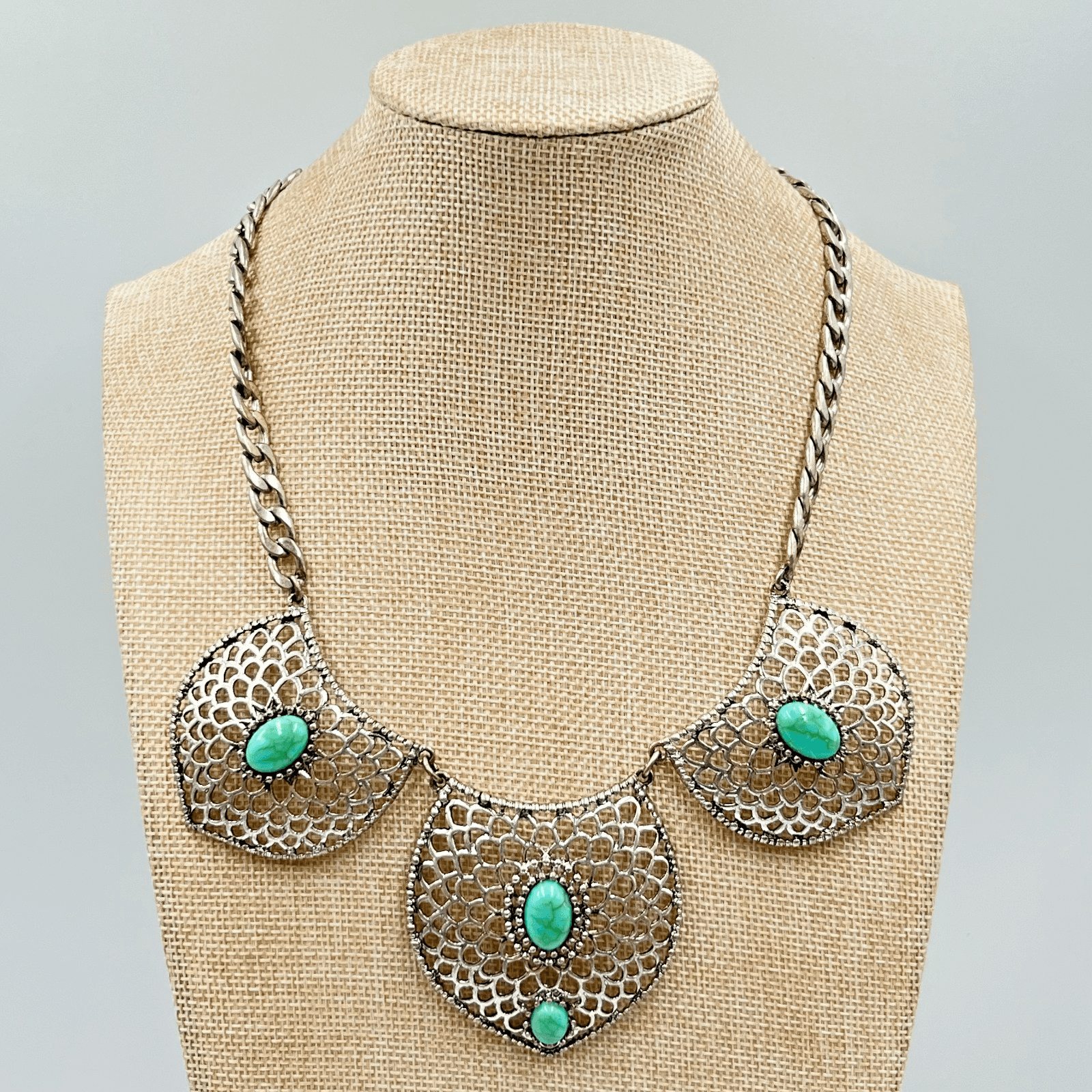 Vintage Express Silver Tone Filigree Faux Turquoise Bib Statement Necklace Retro