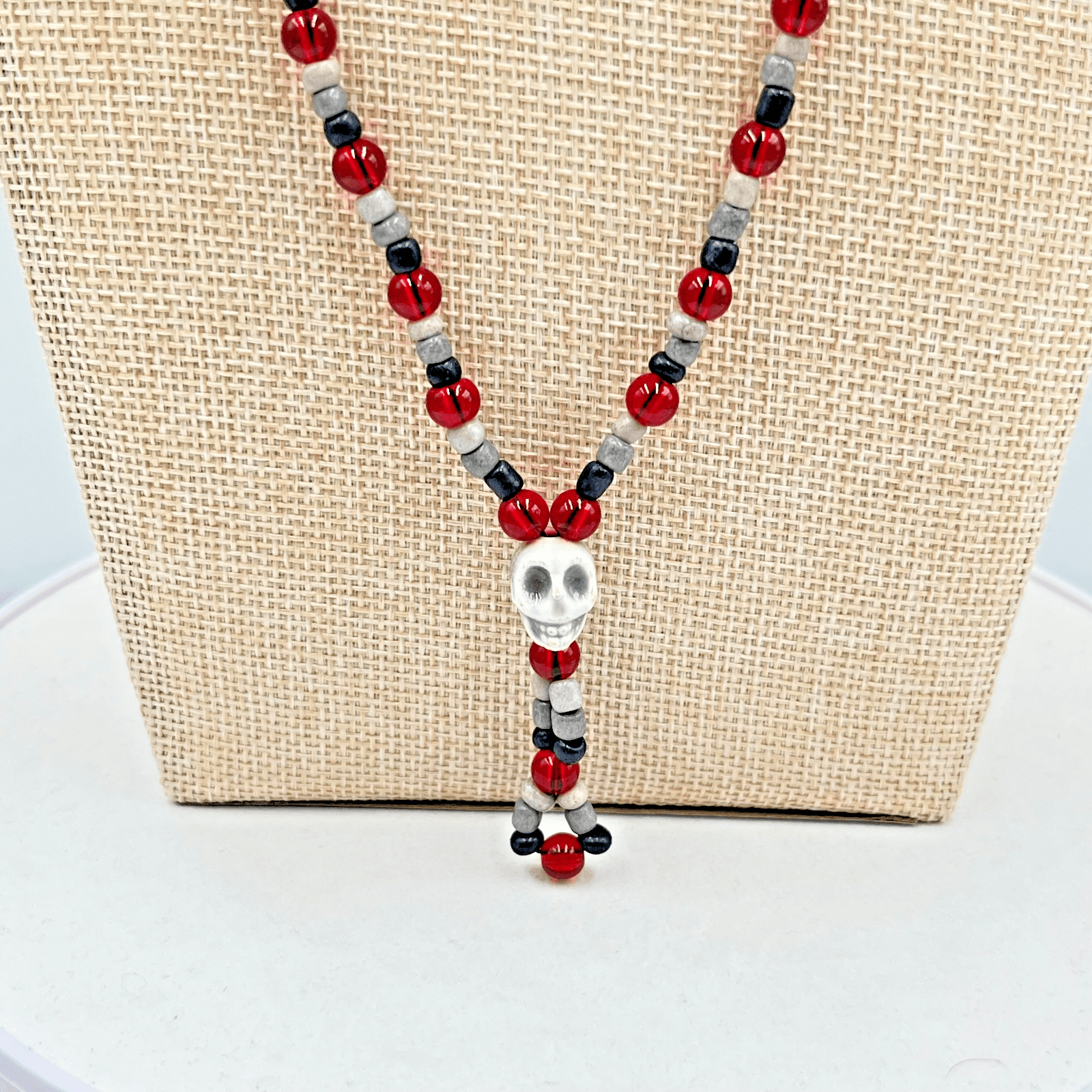 Vintage Goth Red & Black Beaded Skull Necklace Retro Grunge Alt Boho Jewelry