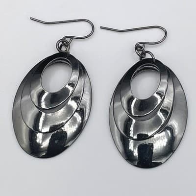 Vintage Modern Drop Dark Gunmetal Black Tone Oval Tiered Dangle Fishhook