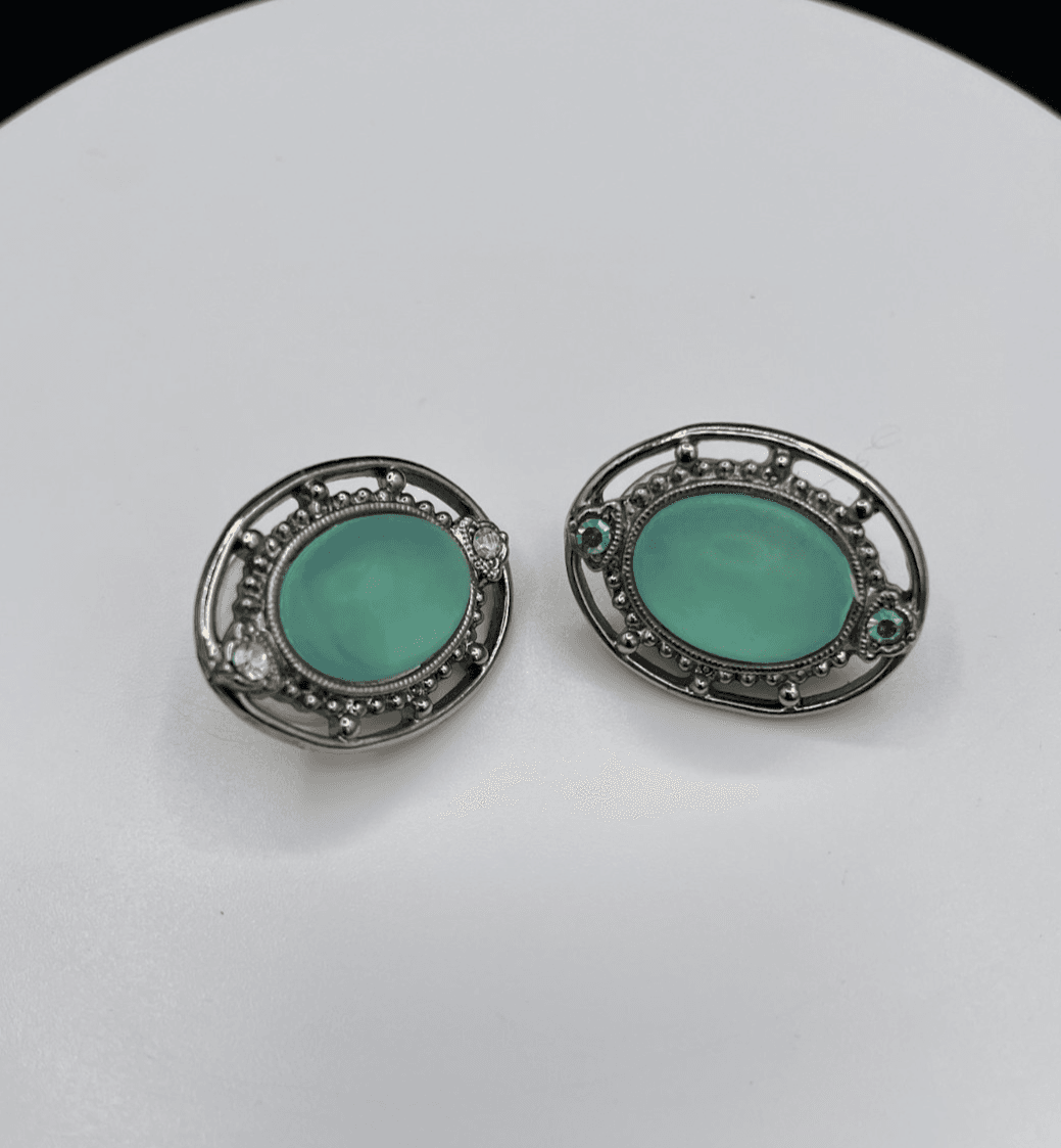 Vintage Style Silver Tone Oval Earrings Seafoam Green Stone Crystal Accents Stud