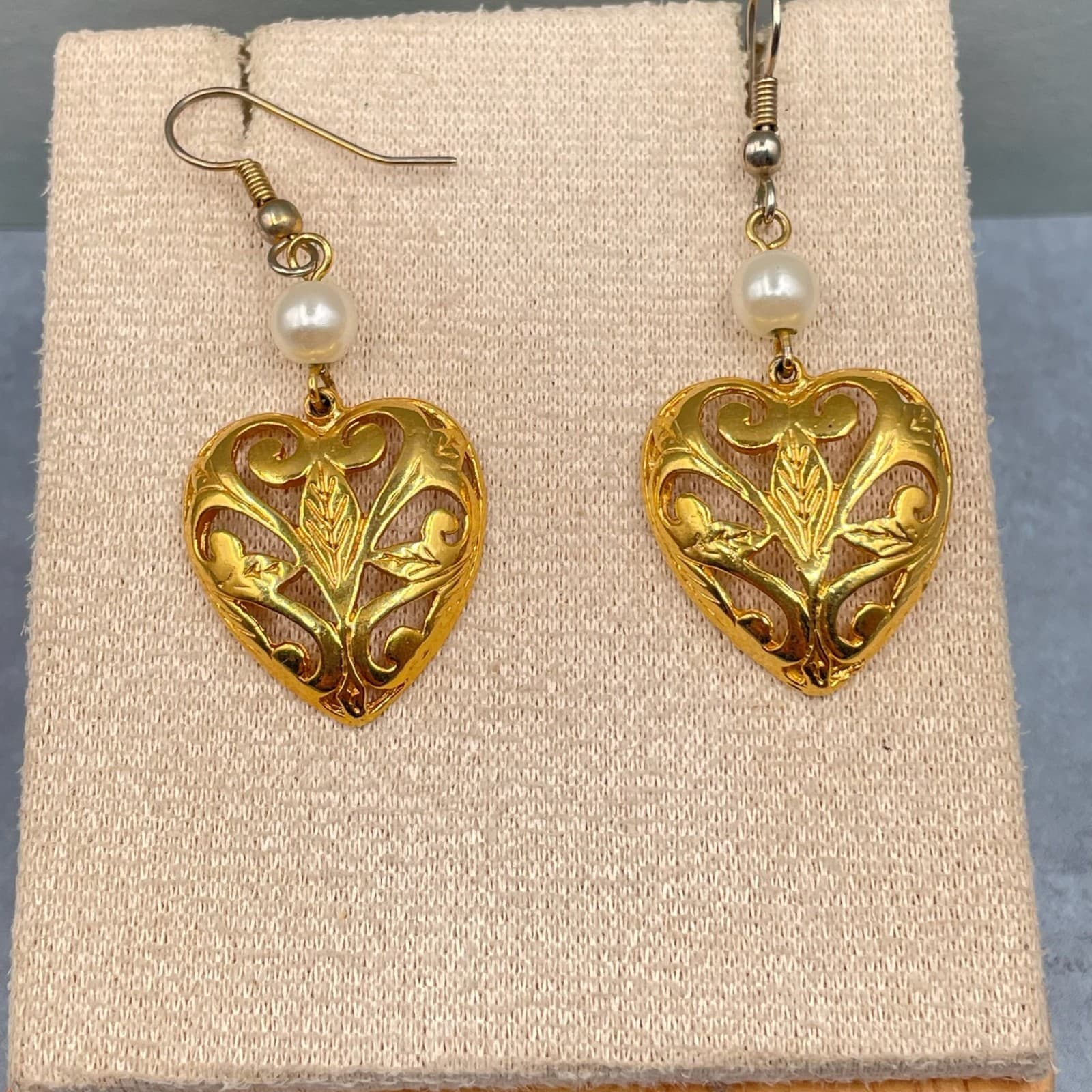 Vintage Filigree Heart Drop Earrings Faux Pearl Accent Gold Tone Hook Style