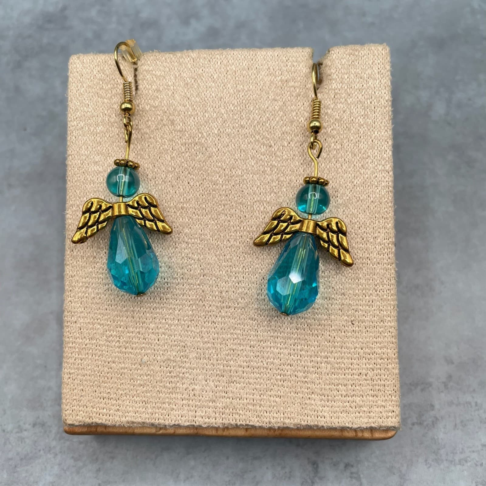 Vintage Handmade Angel Dangle Earrings Gold Tone Blue Faceted Crystal Drop Hook