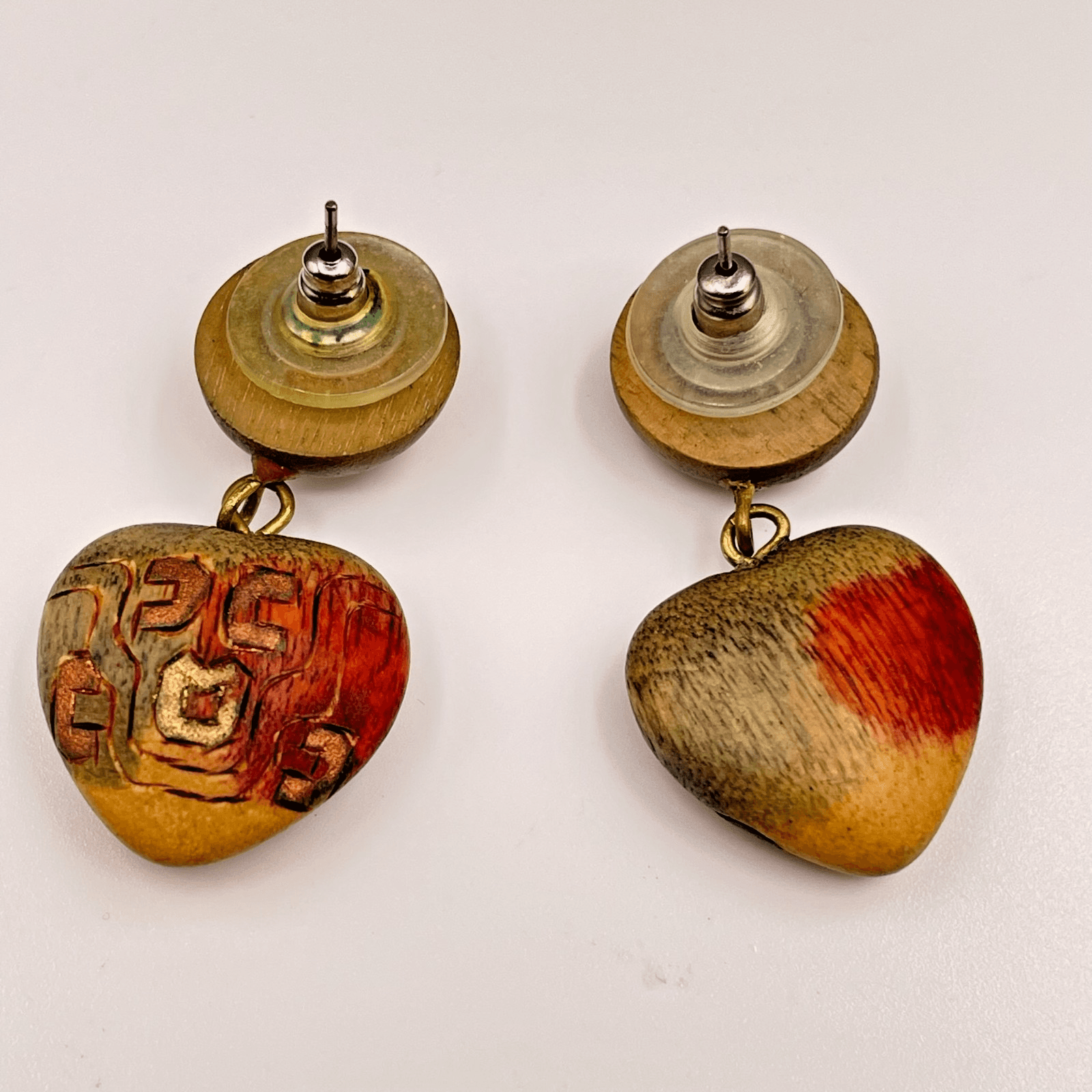 Vintage Wooden Dangle Heart Bead Accent Shape Earrings with Tribal or Ethnic