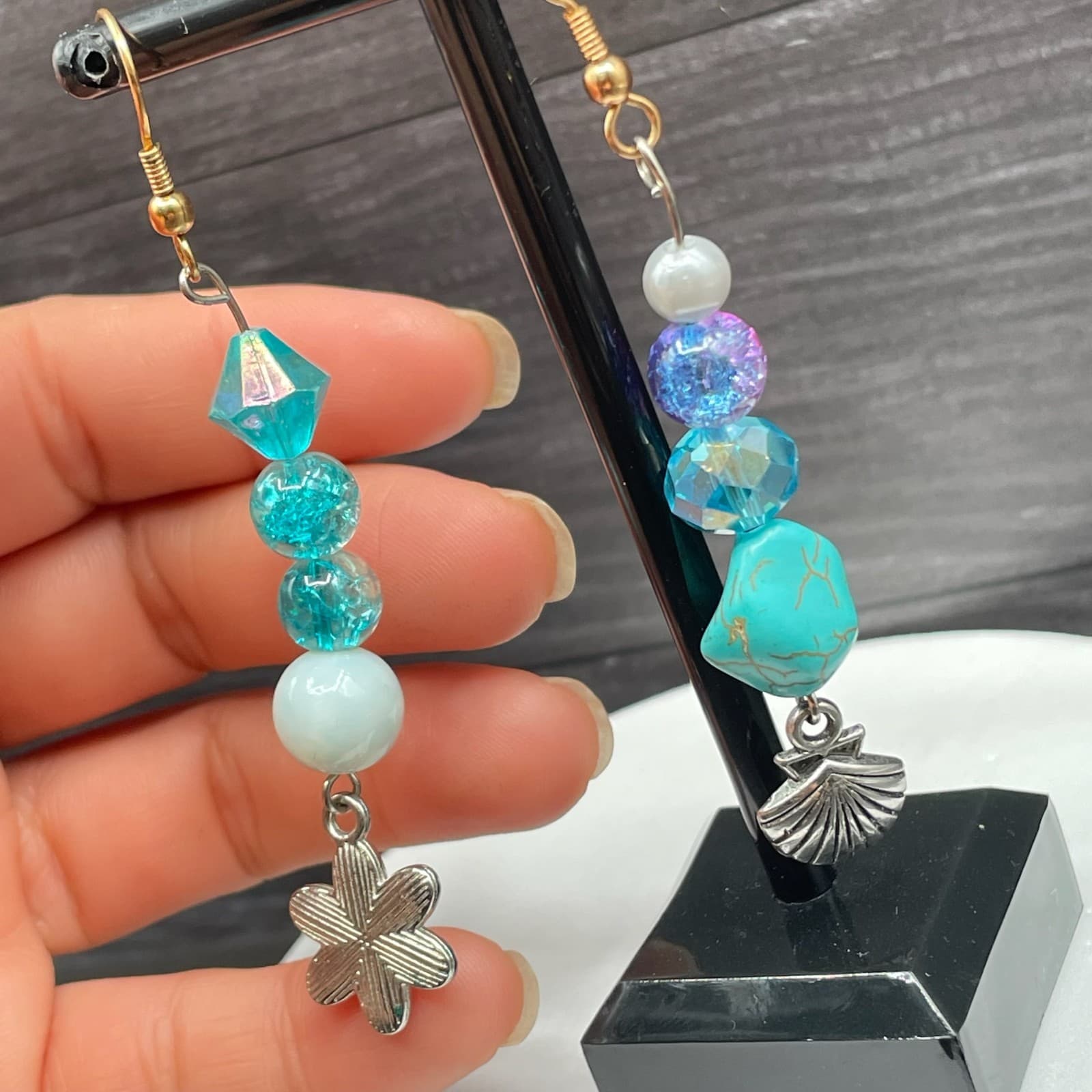 Boho Turquoise Blue Beaded Mismatched Dangle Earrings w/ Charms Y2K Vibes