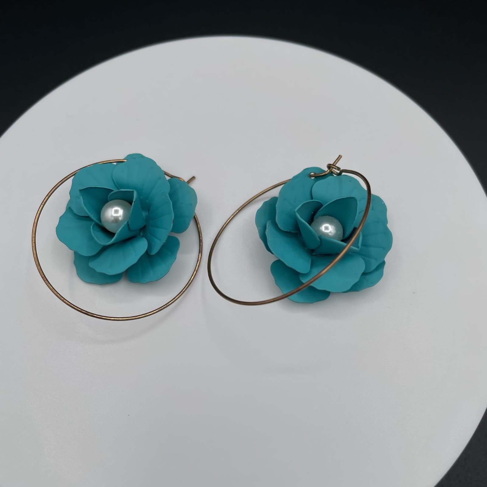 Vintage Teal Floral Hoop Earrings with Pearl Center – Statement Flower Jewelry