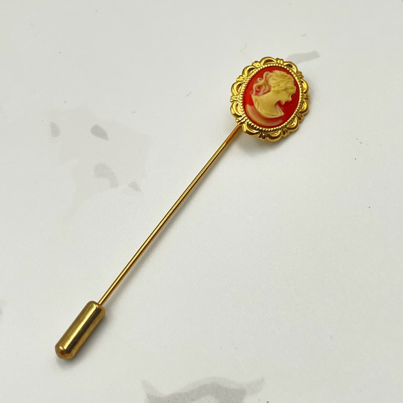 Vintage VTG Cameo Hat Pin Stick Pin Gold Tone White Portrait 2 3/4" Long Classic