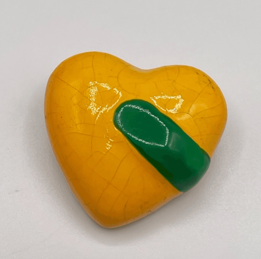 Vintage VTG Heart Pin Brooch Yellow Green Crackle Glaze Ceramic Style Valentine