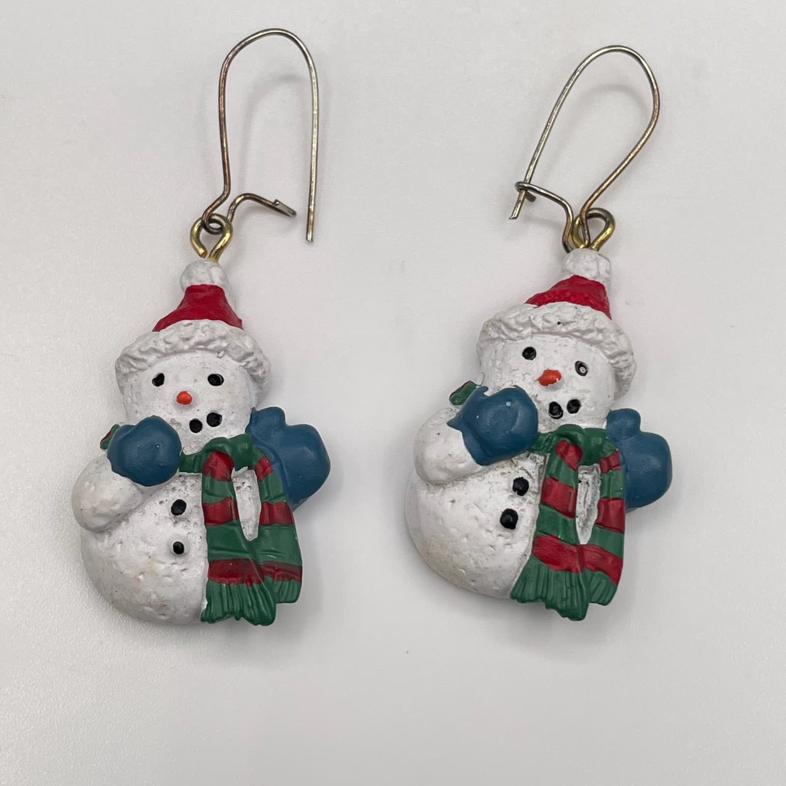 Vintage Christmas Snowman Dangle Earrings Festive Red Green Scarf Novelty Hook