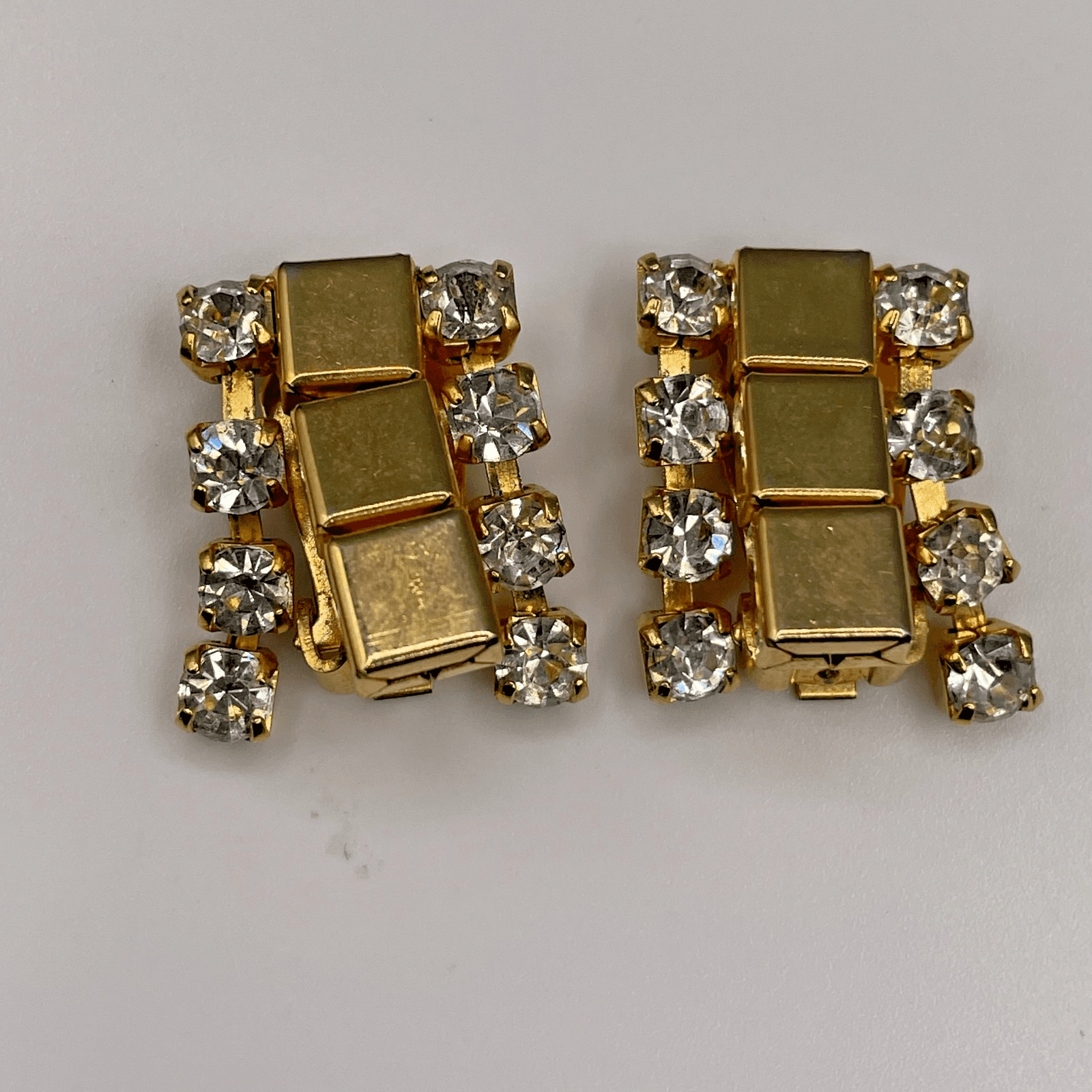 Vintage Deco Style Rectangular Shape Goldtone Rhinestone Clip Earrings